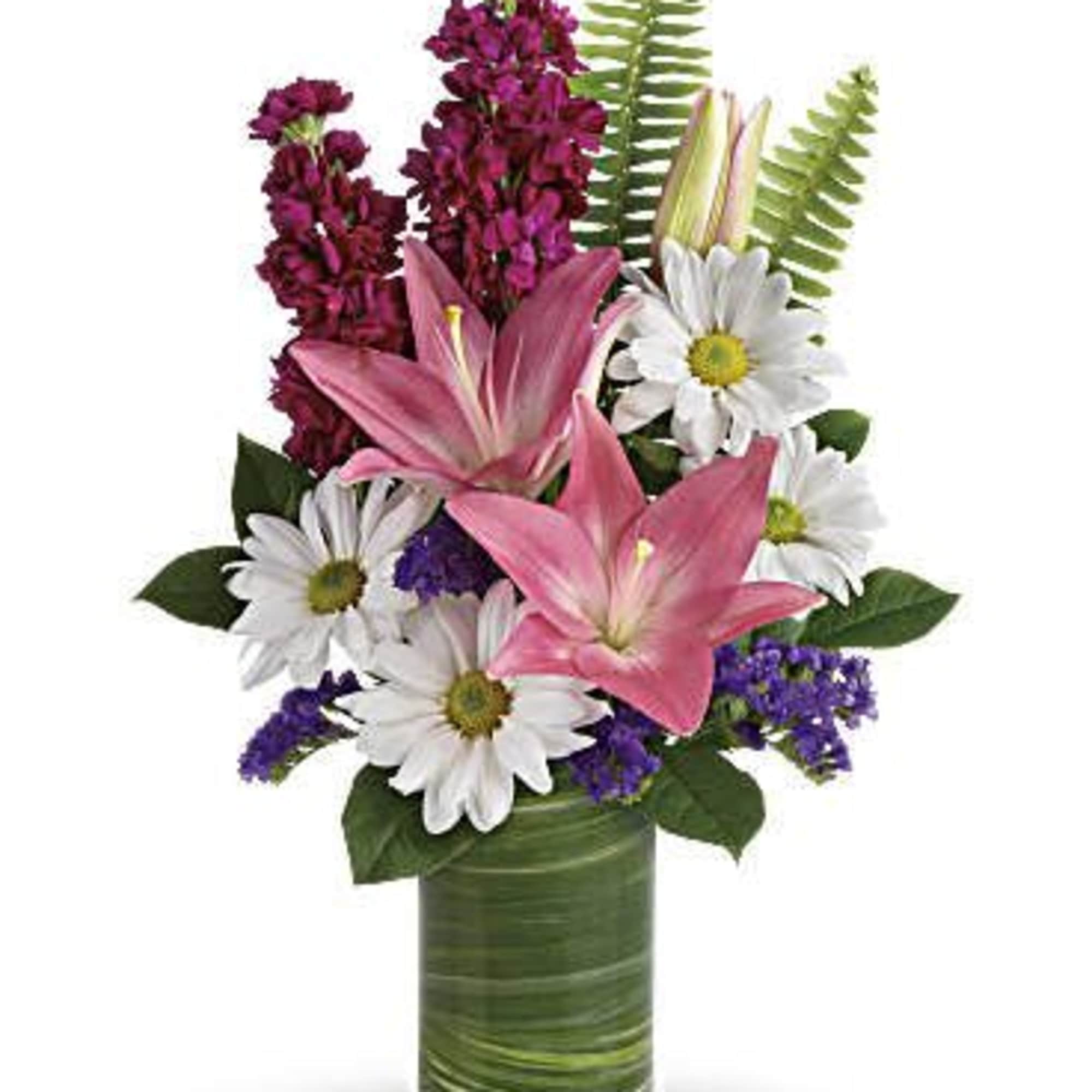 Pink lilies and white daisies in a green glass vase