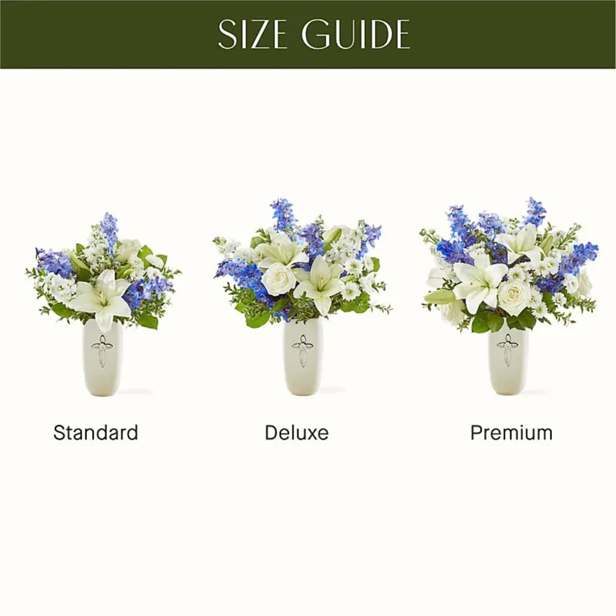 Three white and blue floral arrangements in tall vases labeled standard, deluxe, and premium.