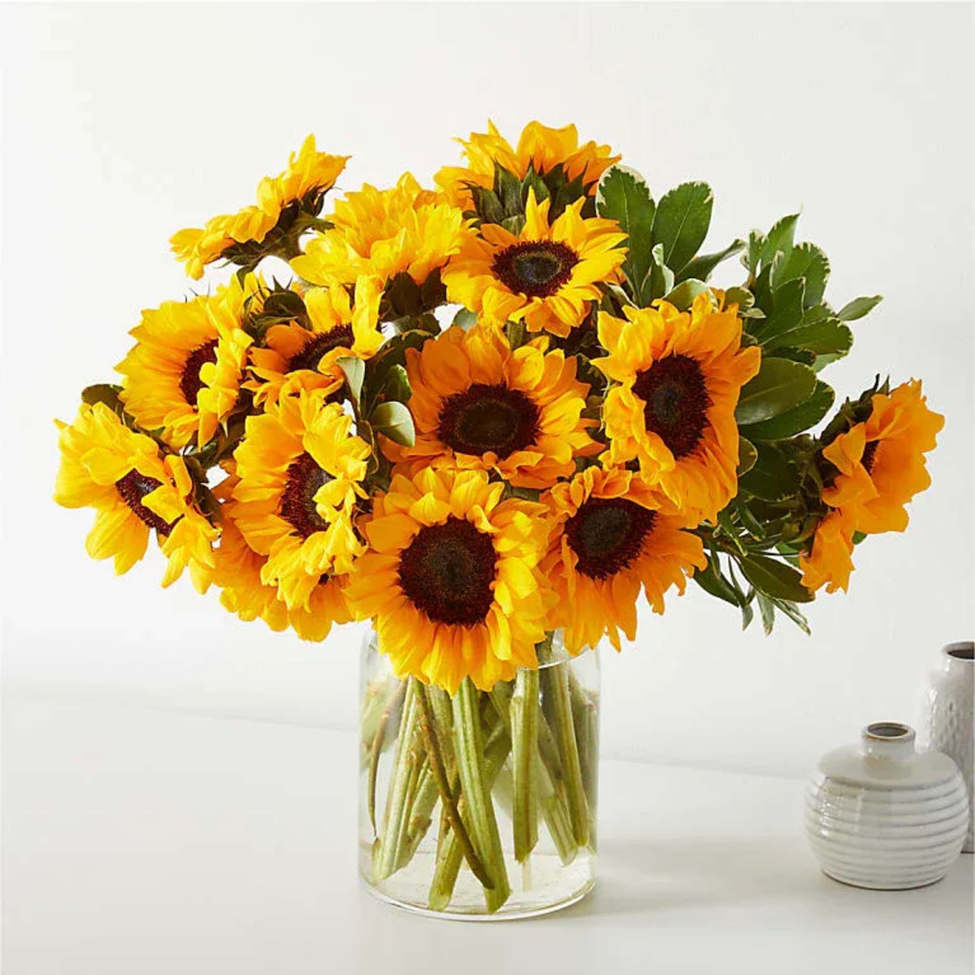 Bouquet of yellow sunflowers in a clear glass vase
