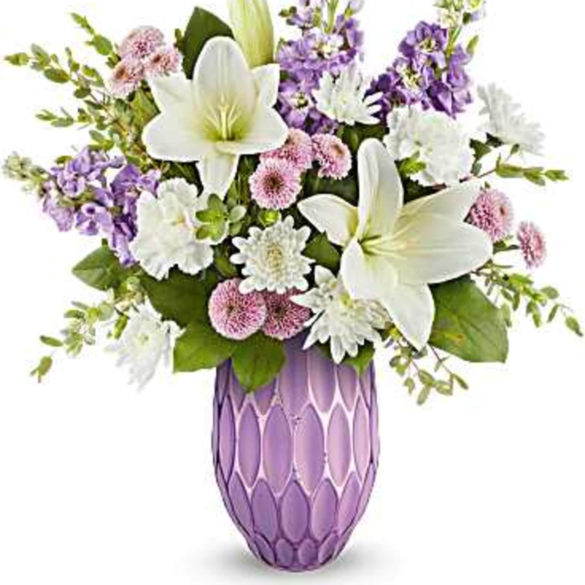 Purple vase with white lilies and lavender flowers