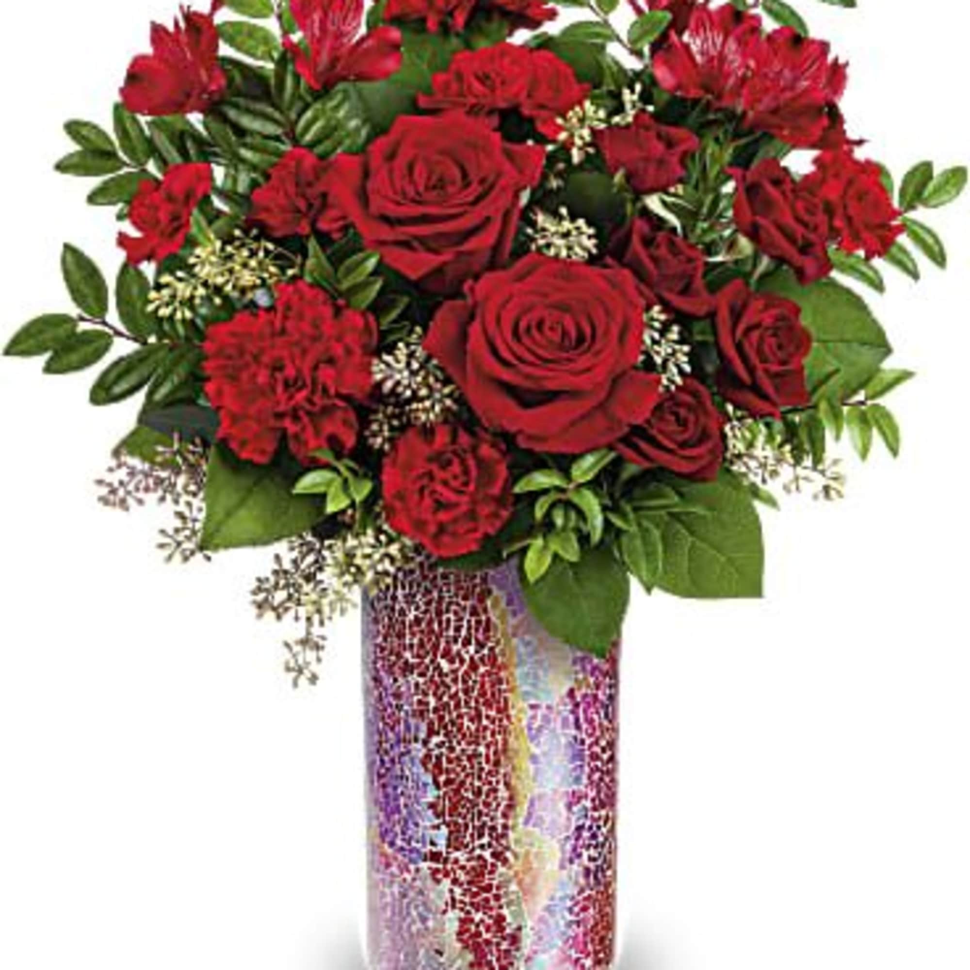 Red roses and carnations arranged in a mosaic vase