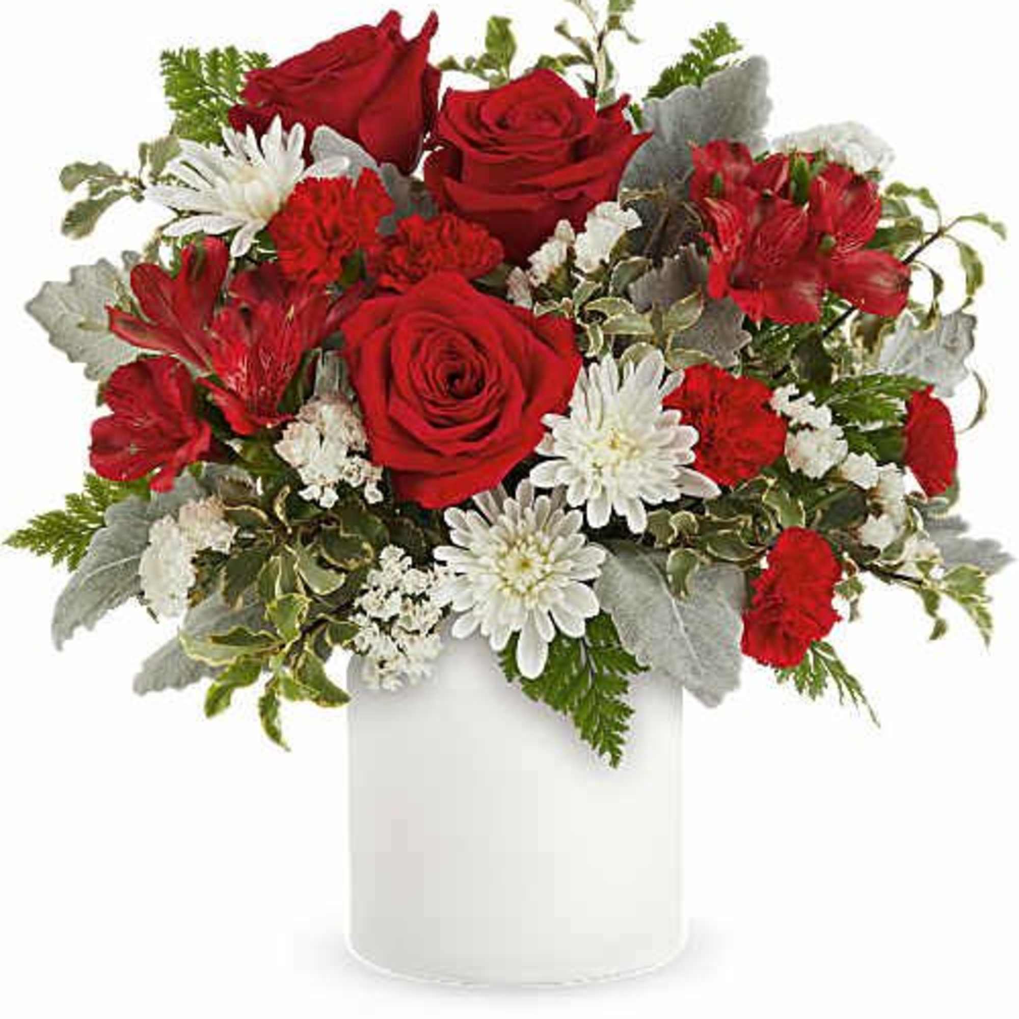 Deep red roses take center stage in this Lush Love flower arrangement