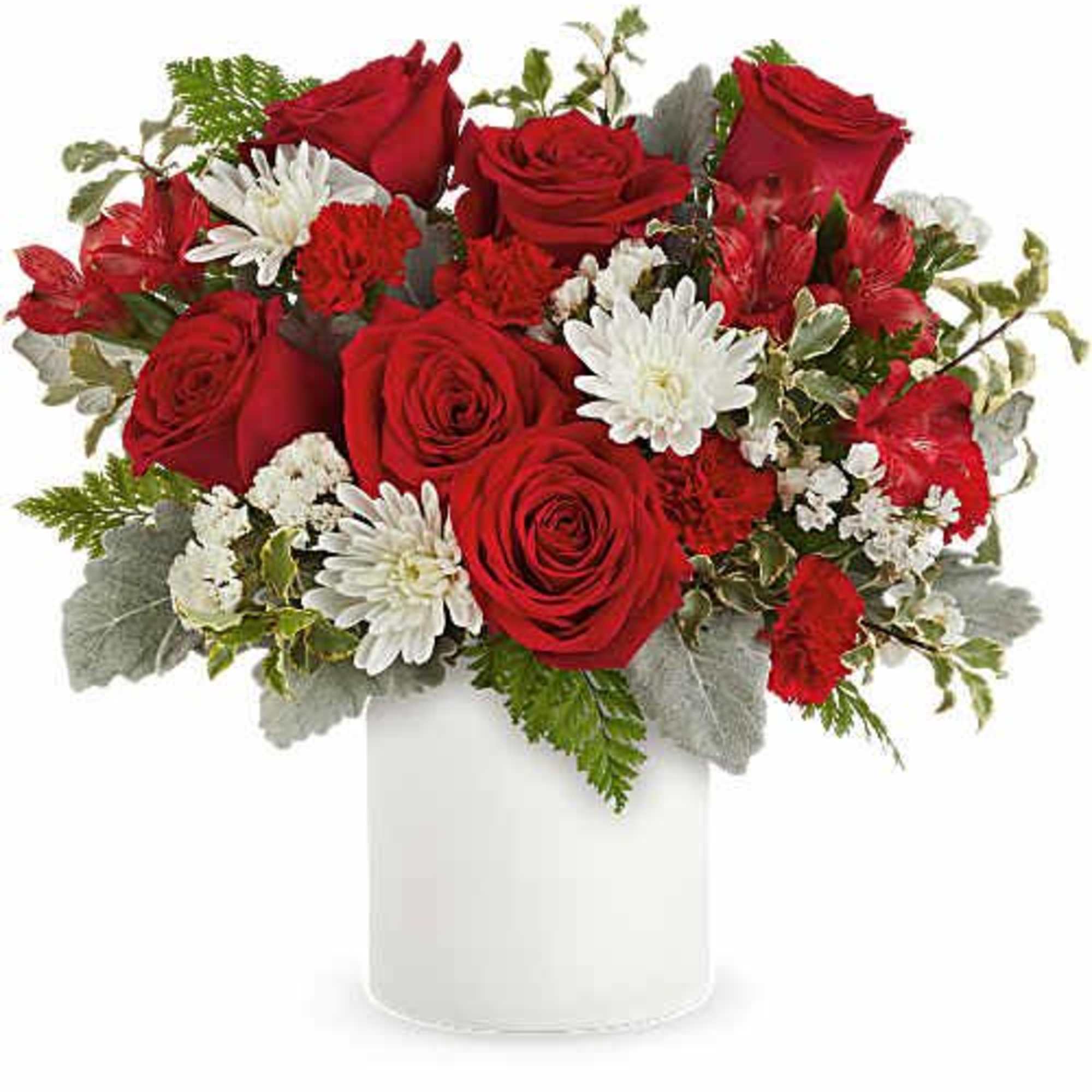Deep red roses take center stage in this Lush Love flower arrangement