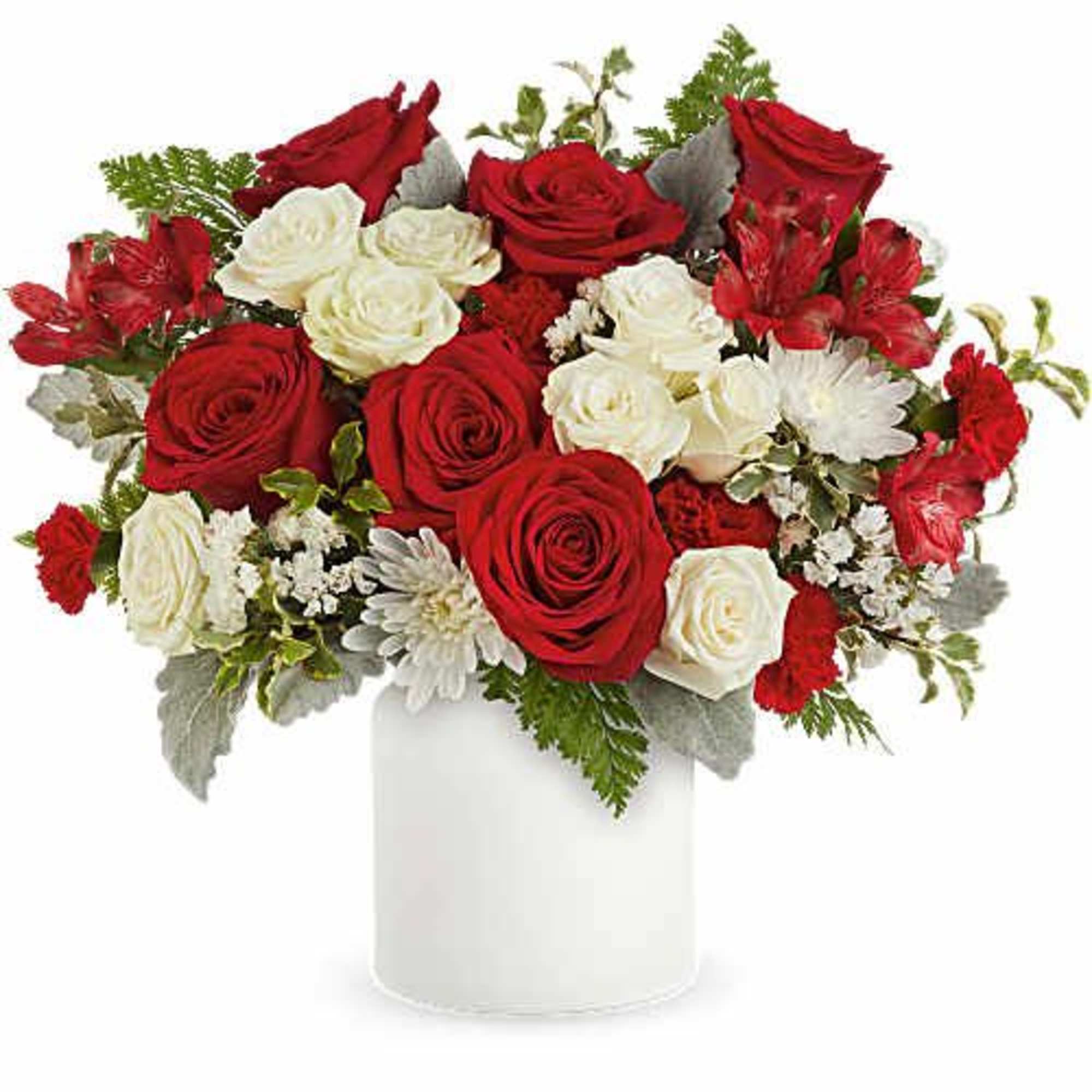 Deep red roses take center stage in this Lush Love flower arrangement