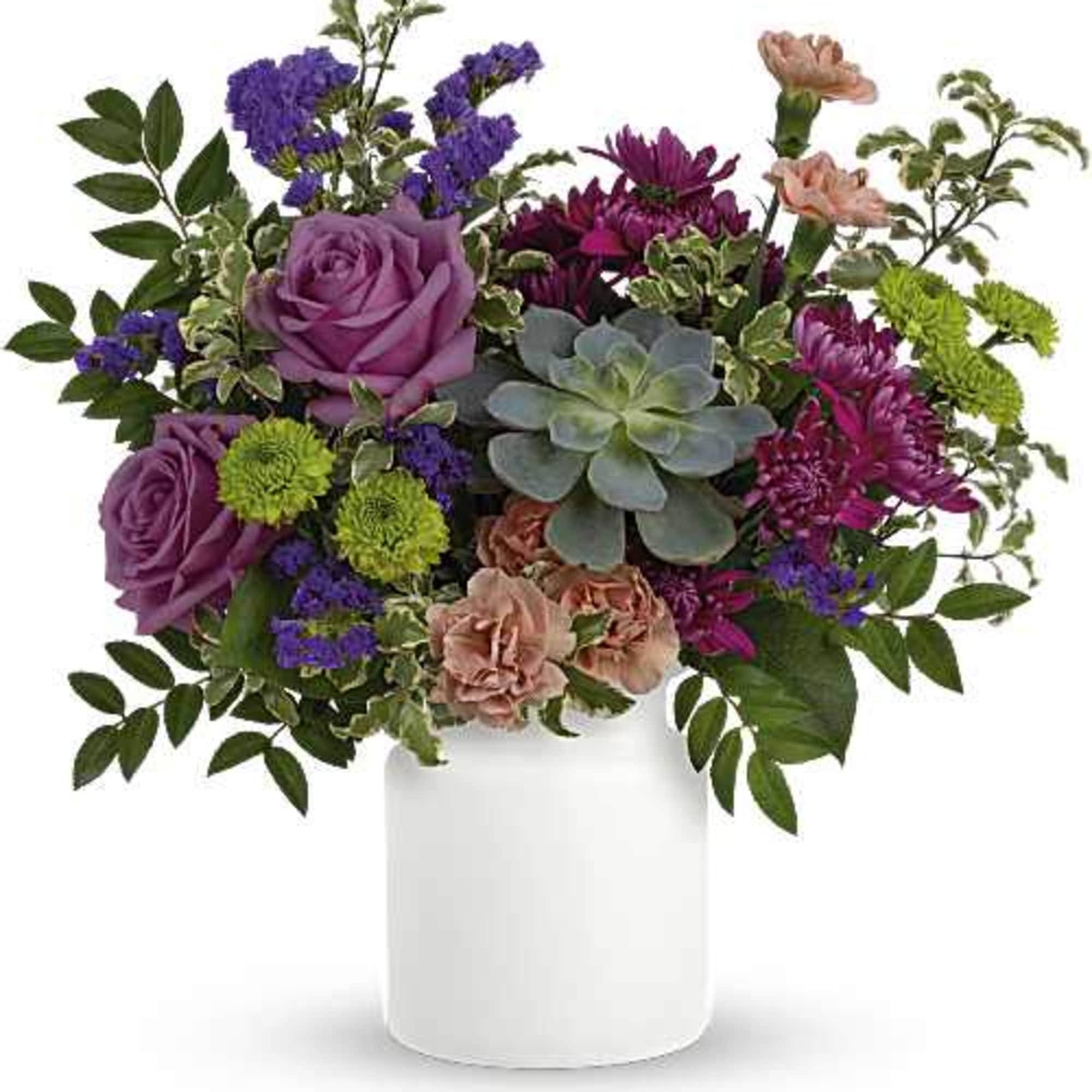 Lavender roses and a succulent give this floral arrangement a quietly surprising