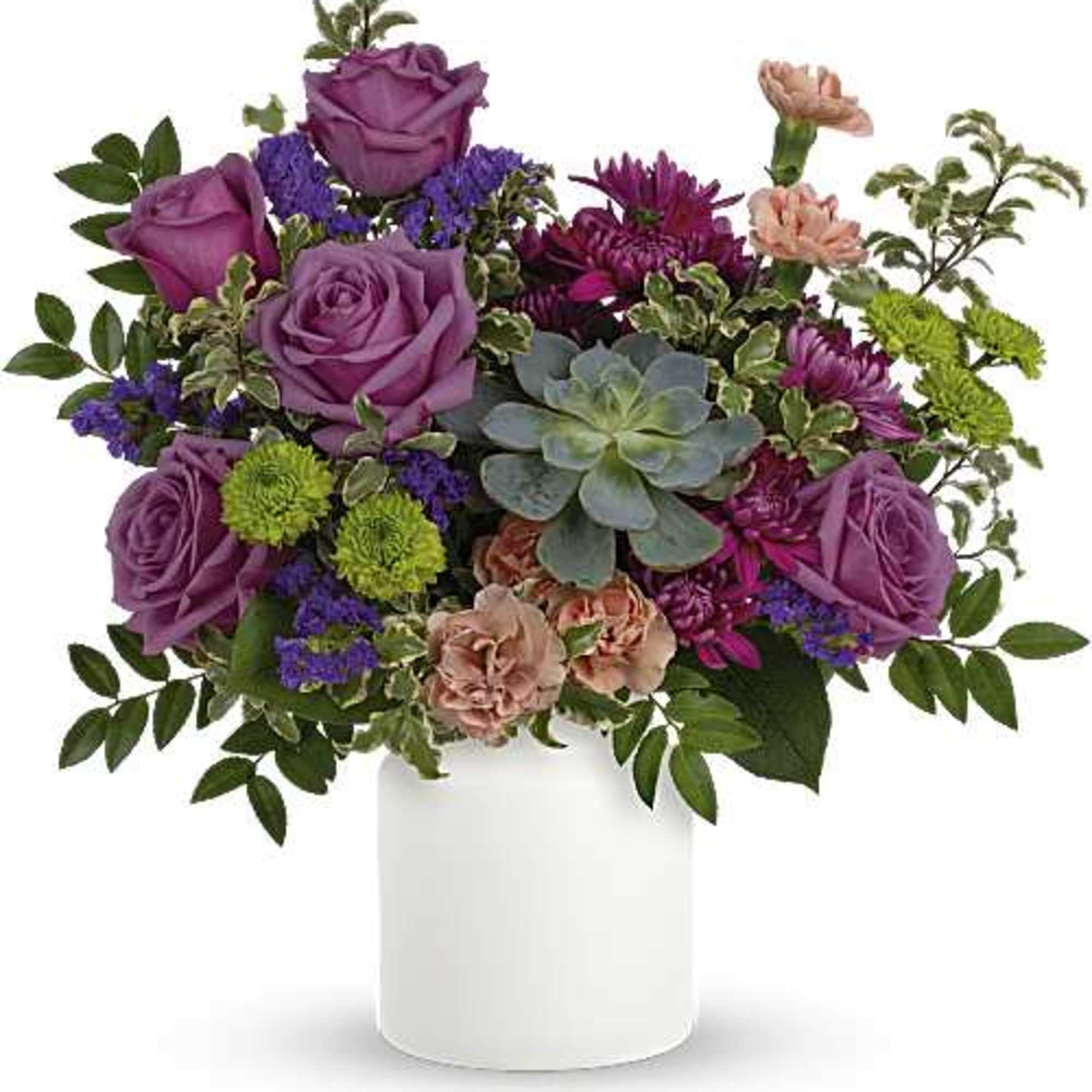 Lavender roses and a succulent give this floral arrangement a quietly surprising