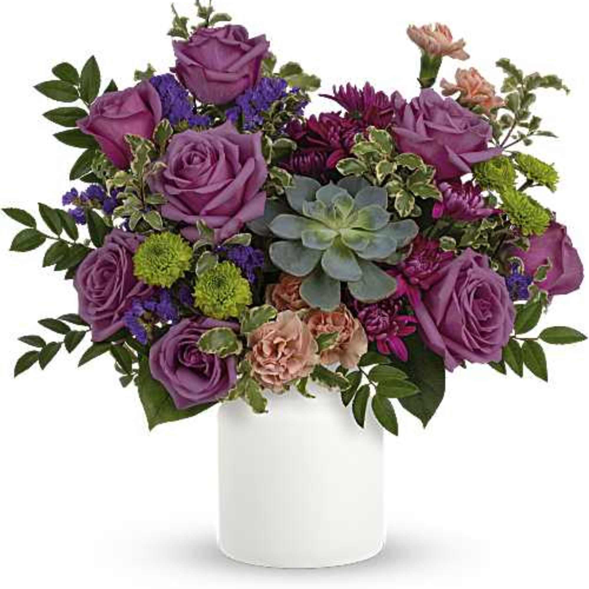 Lavender roses and a succulent give this floral arrangement a quietly surprising