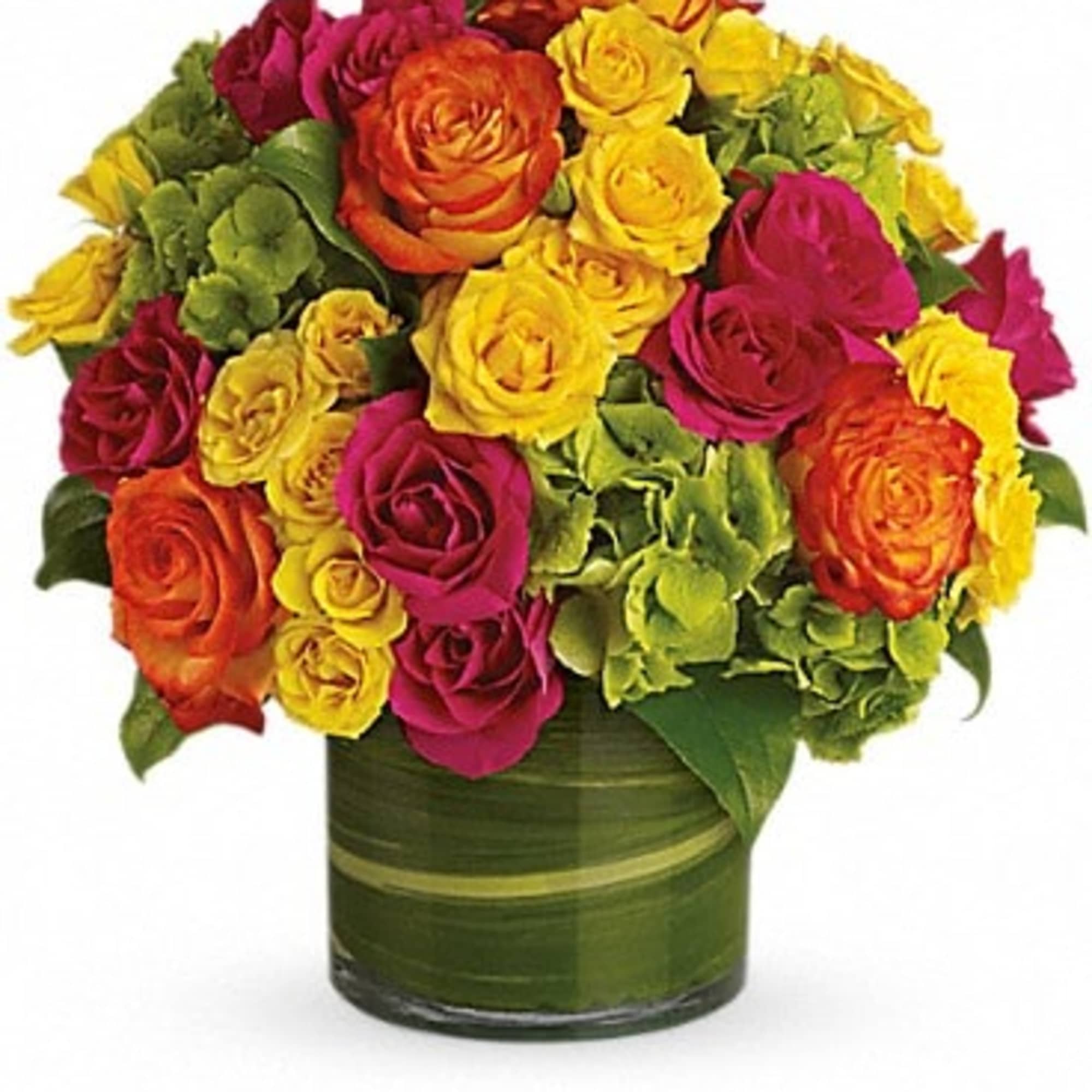 Colorful rose bouquet in a green glass vase