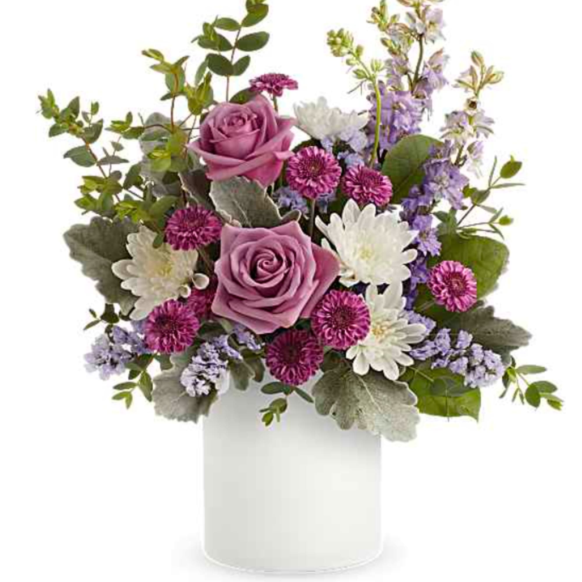 Lavender roses and white daisies in a white vase
