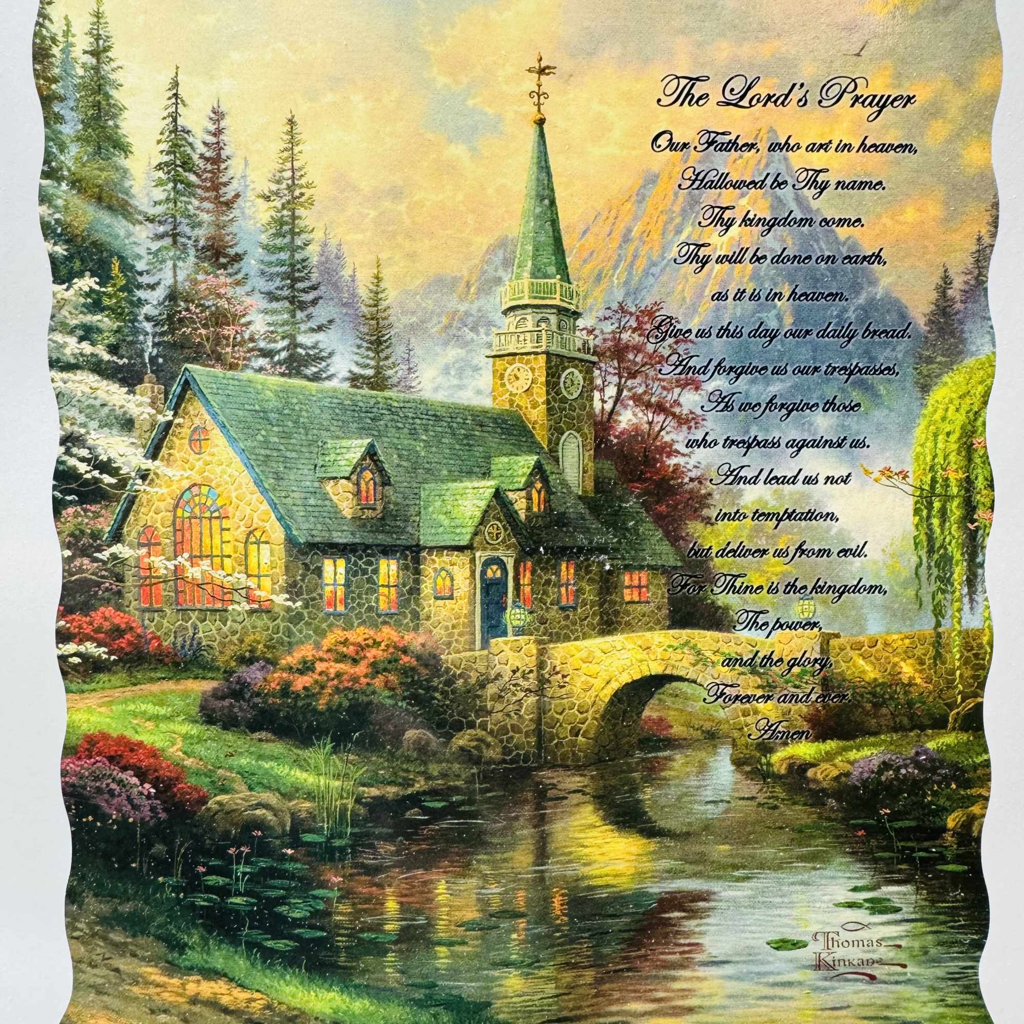 Quilted throw with a church scene and printed Lord's Prayer text