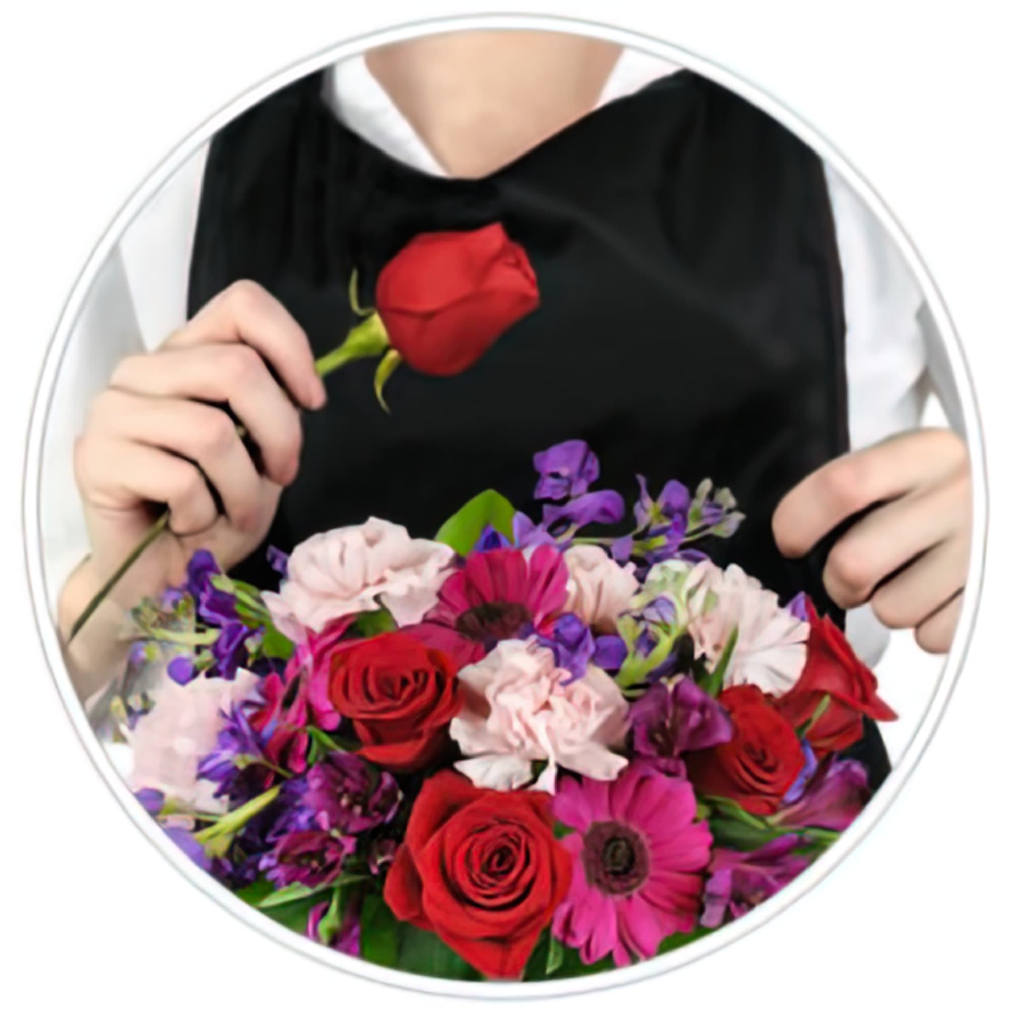 Person holding a bouquet of red, pink, and purple flowers with a single red rose