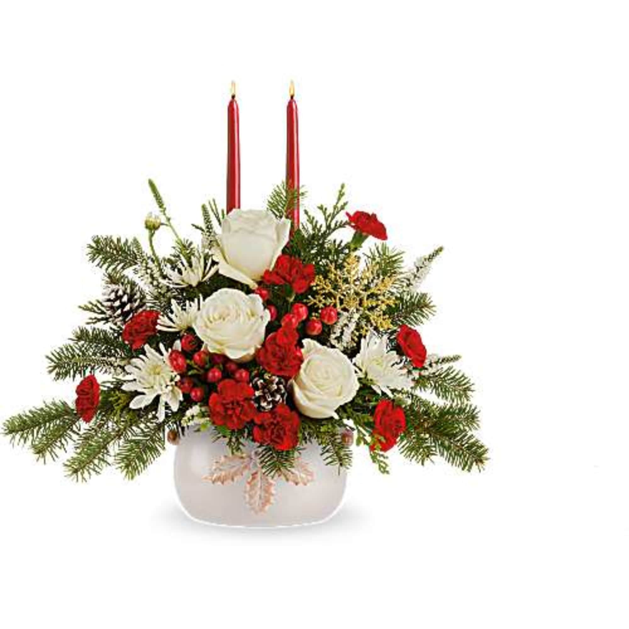Teleflora's Happy Holly Centerpiece is brimming with holiday cheer! Festive blooms and