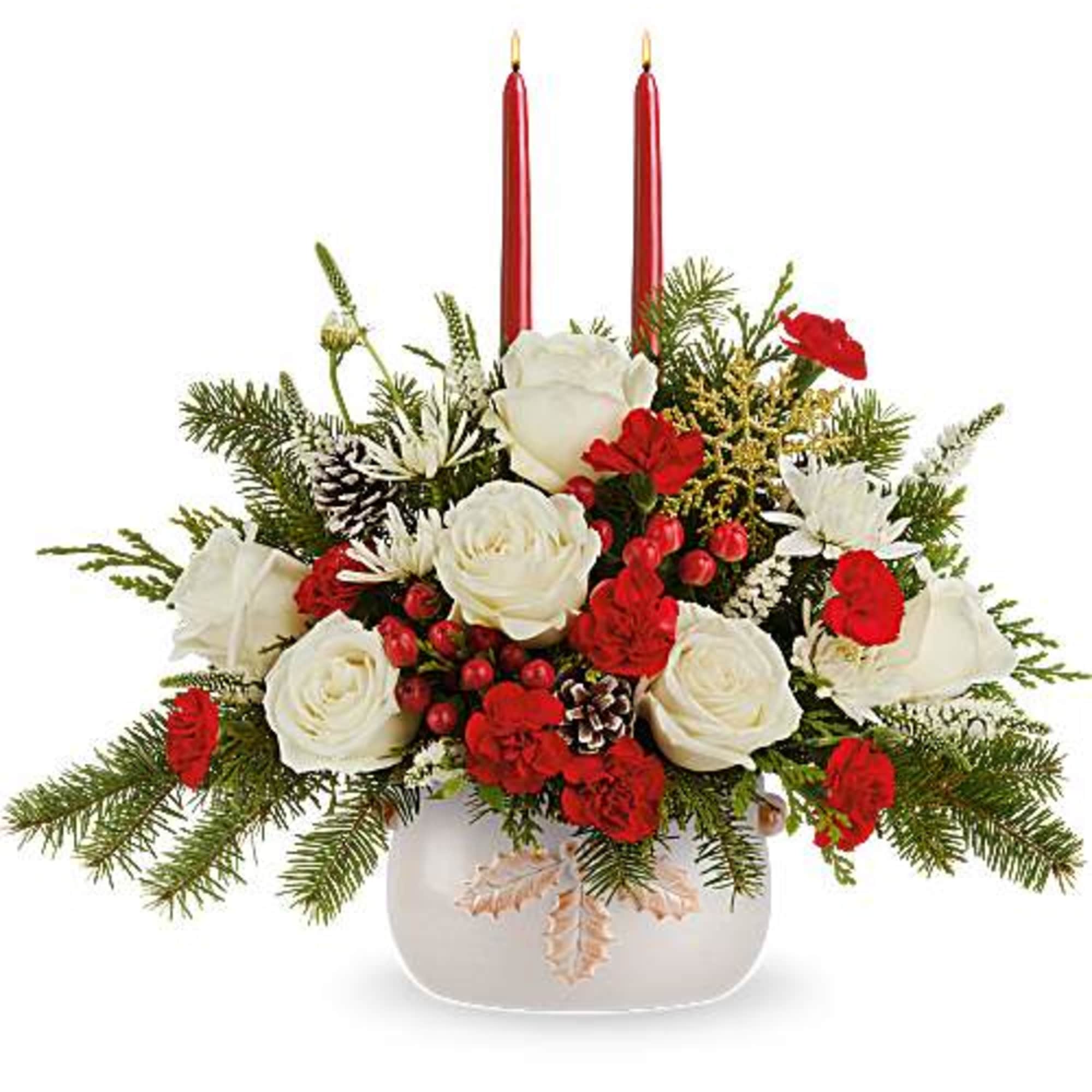 Teleflora's Happy Holly Centerpiece is brimming with holiday cheer! Festive blooms and
