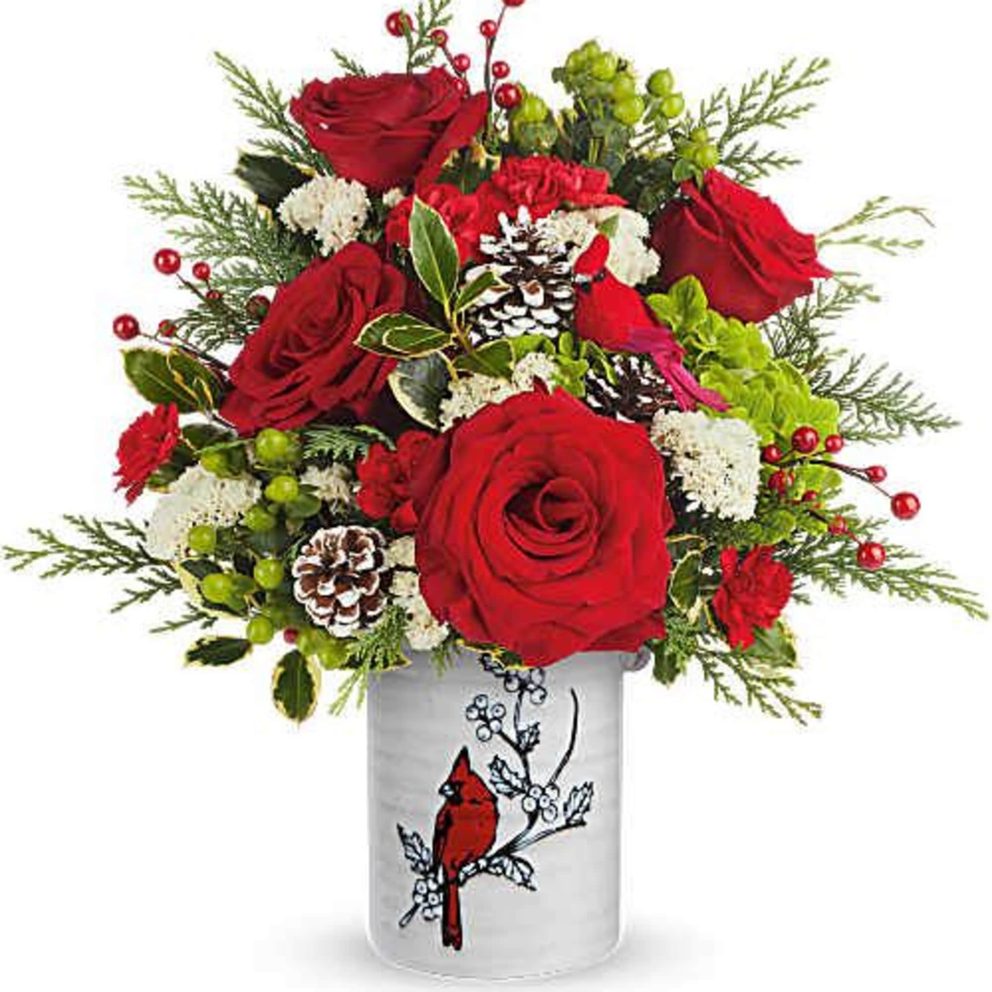 Teleflora's Christmas Cardinal Bouquet captures the spirit of the season with bold