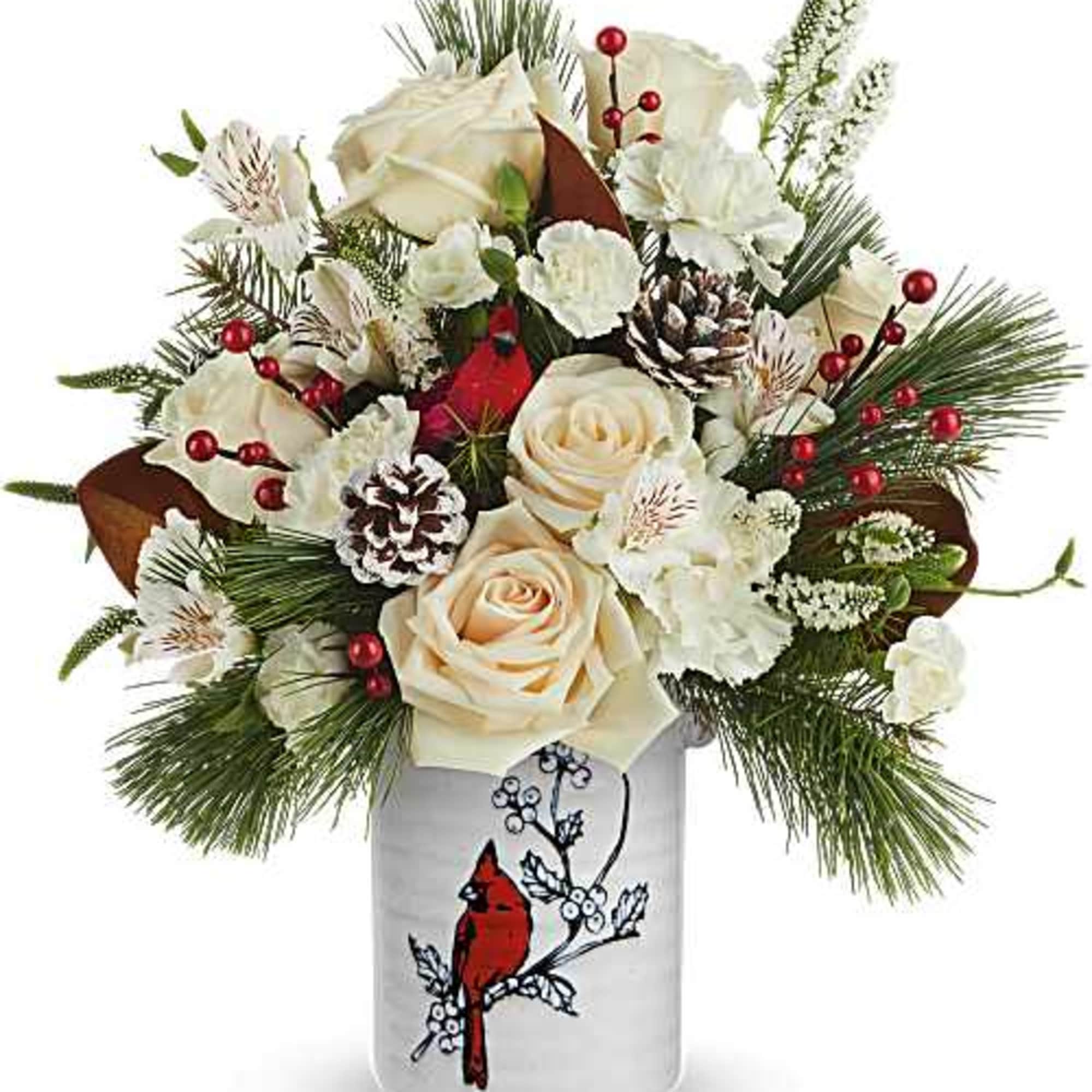 Teleflora's Merry Cardinal Bouquet brings a fresh, wintry palette to the season.