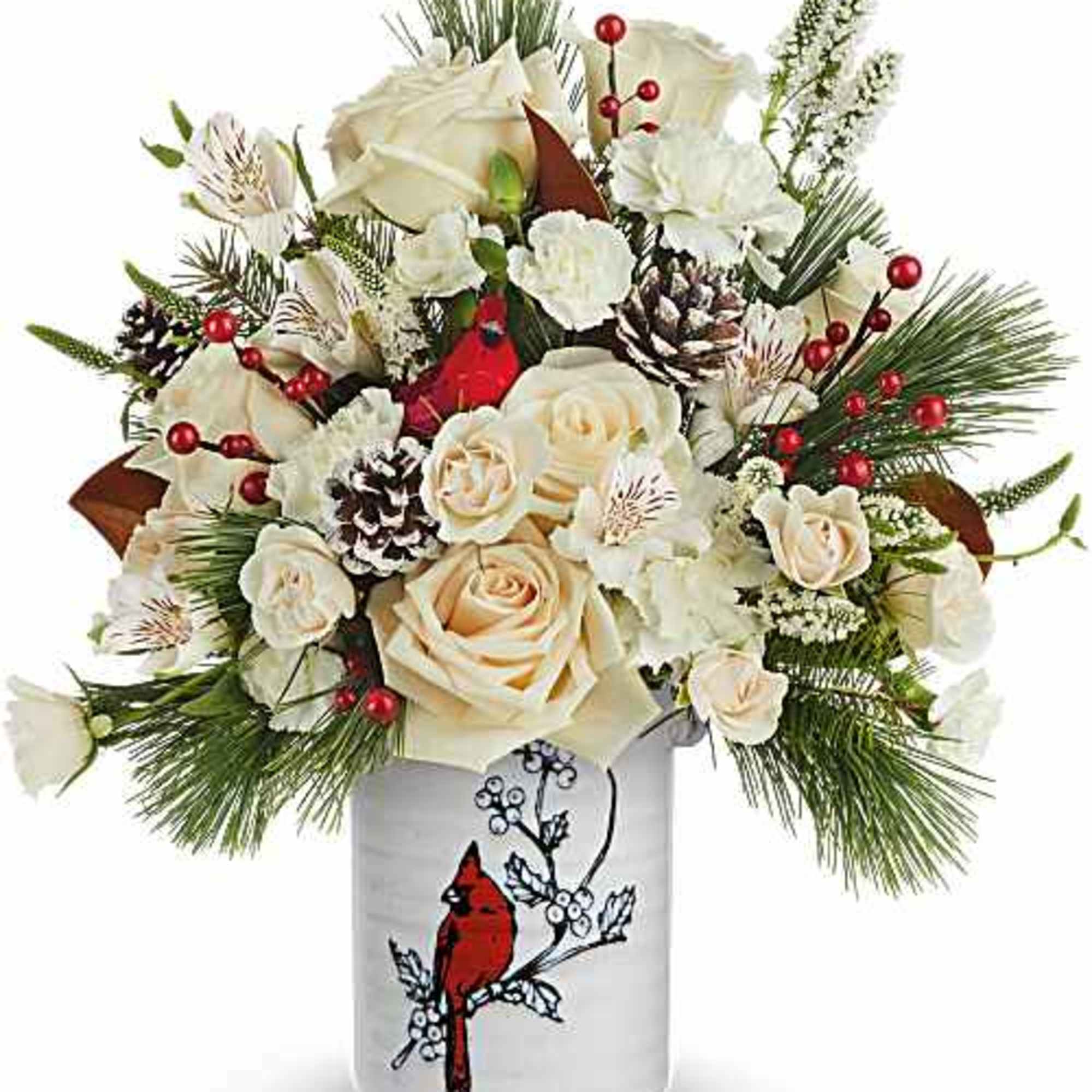 Teleflora's Merry Cardinal Bouquet brings a fresh, wintry palette to the season.