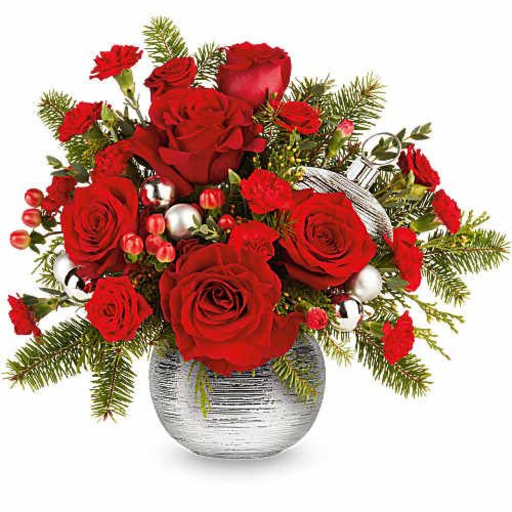Teleflora's Silver Sparkle Bouquet shines with bold holiday style! Red roses and