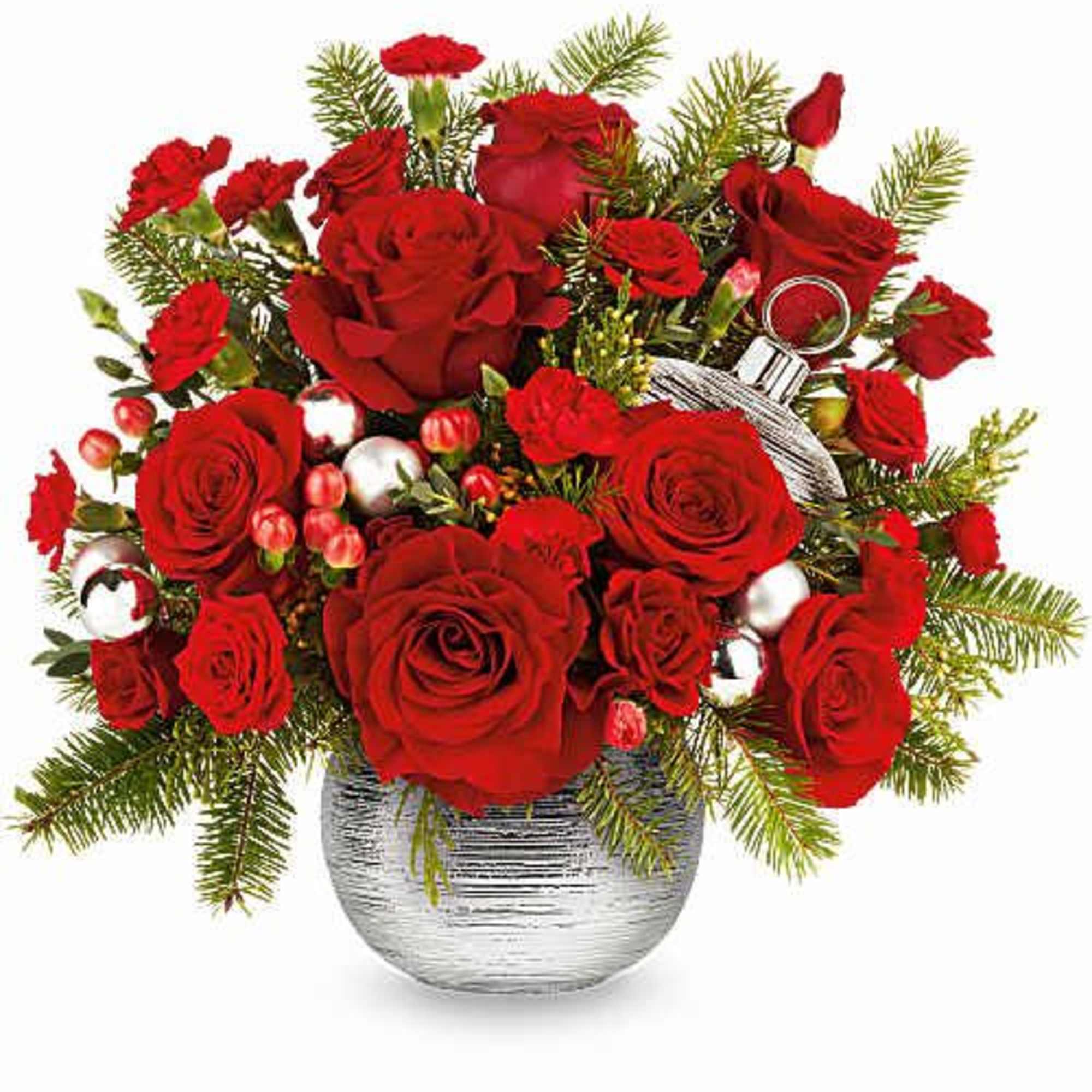 Teleflora's Silver Sparkle Bouquet shines with bold holiday style! Red roses and