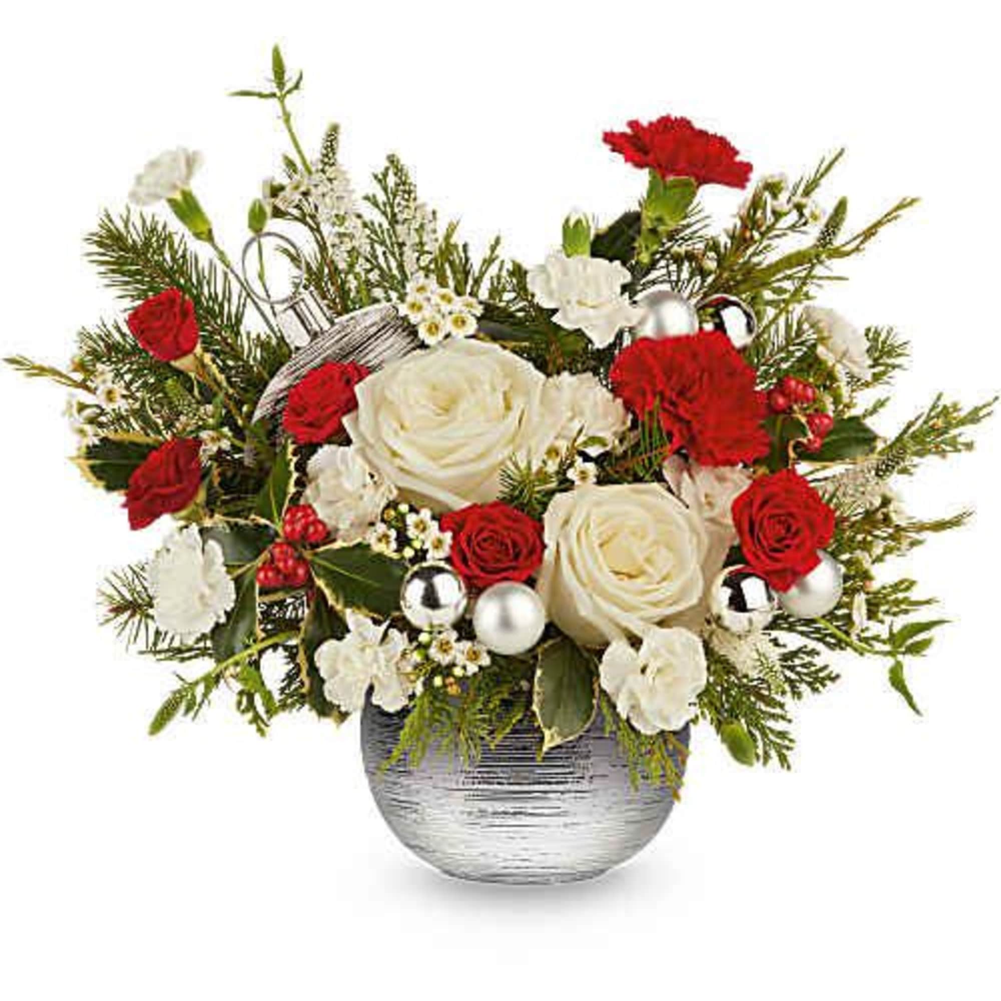 Teleflora's Silver Radiance Bouquet blends classic Christmas color with a bright, modern