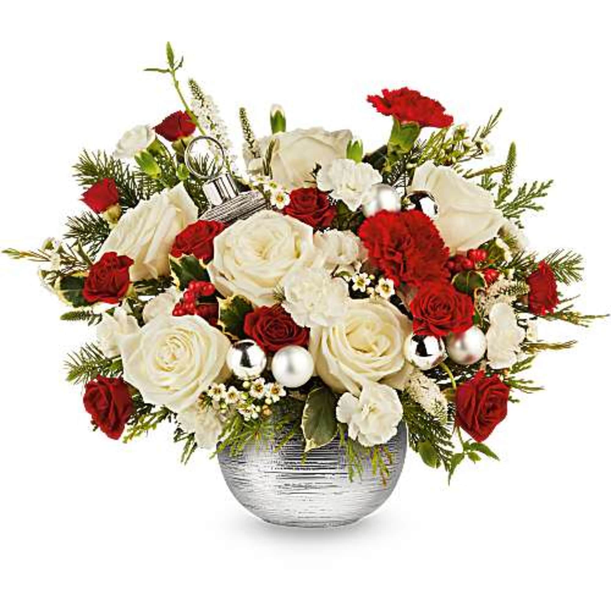 Teleflora's Silver Radiance Bouquet blends classic Christmas color with a bright, modern