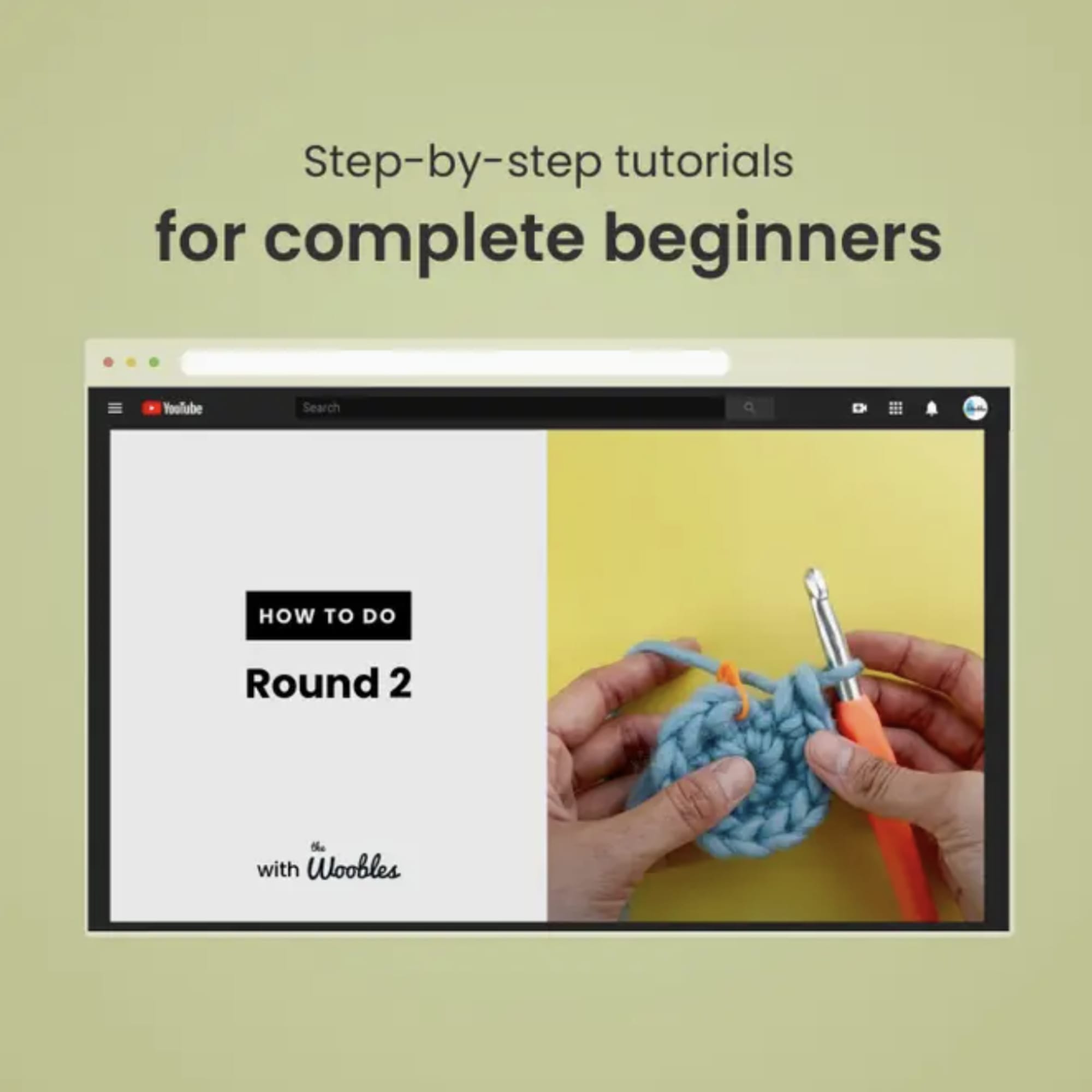 Tutorial graphic with a crochet hook and blue yarn on a screen