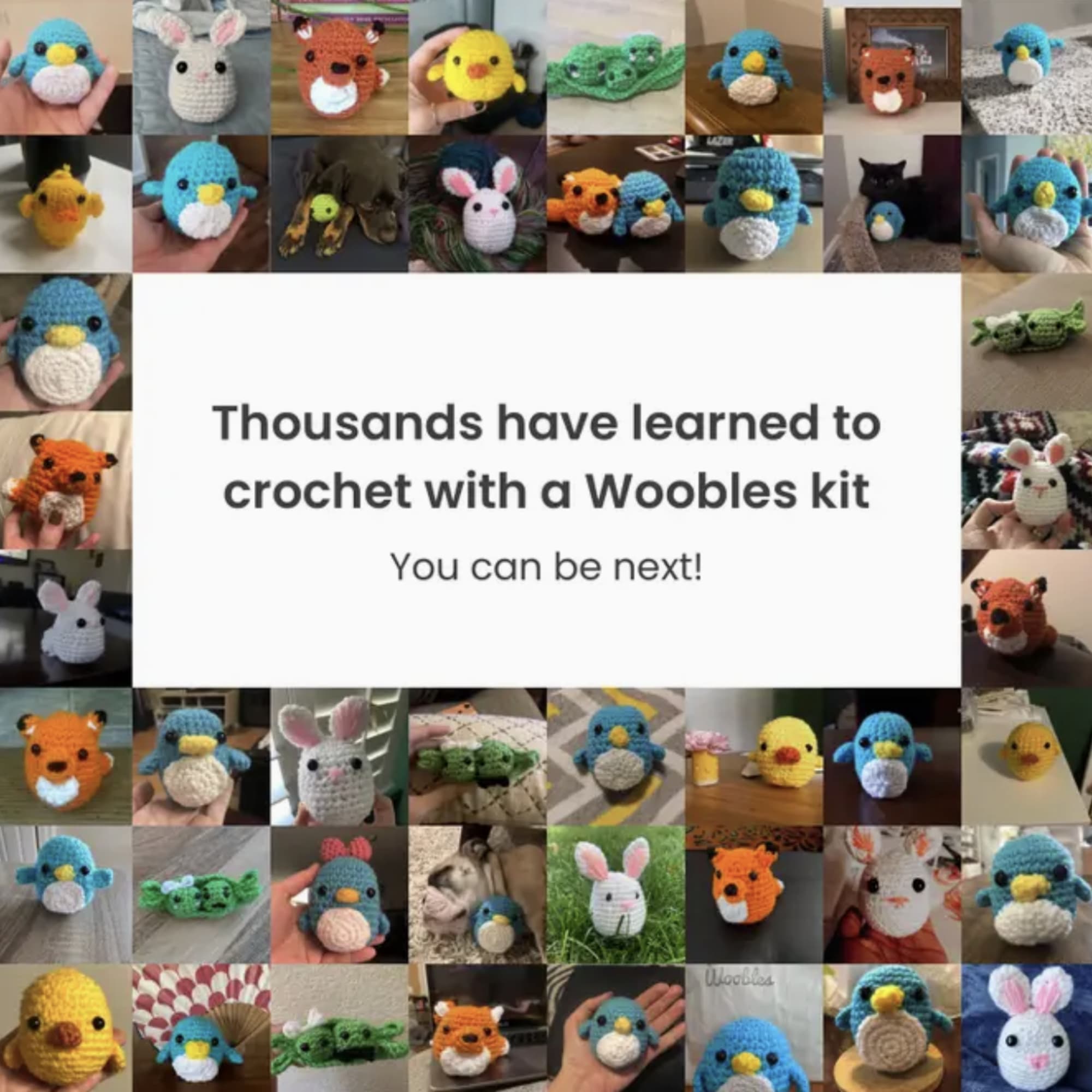 Collage of crocheted animal figures with a promotional message in the center.