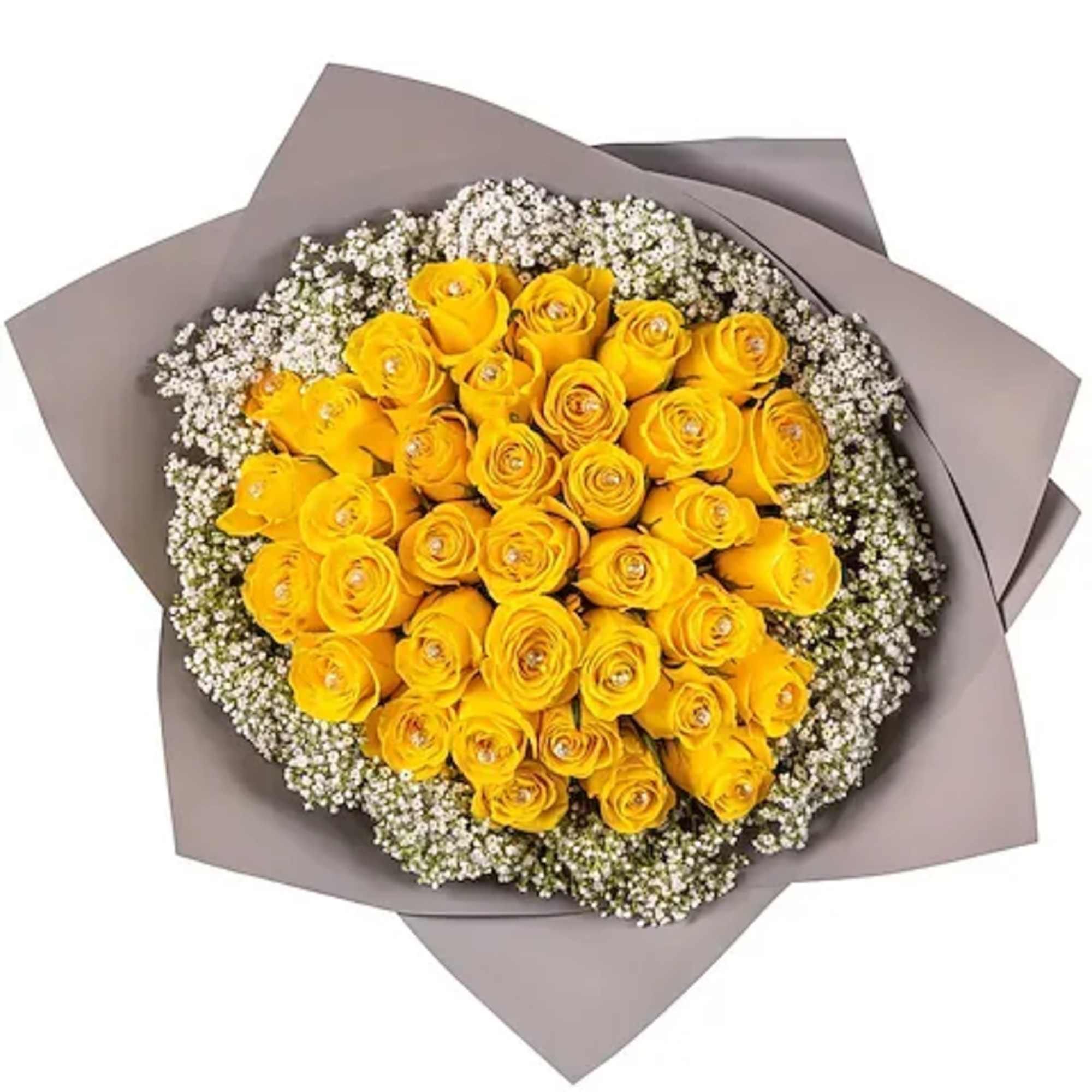 This cheerful bouquet of 36 yellow roses, beautifully Wrapped with elegant brown