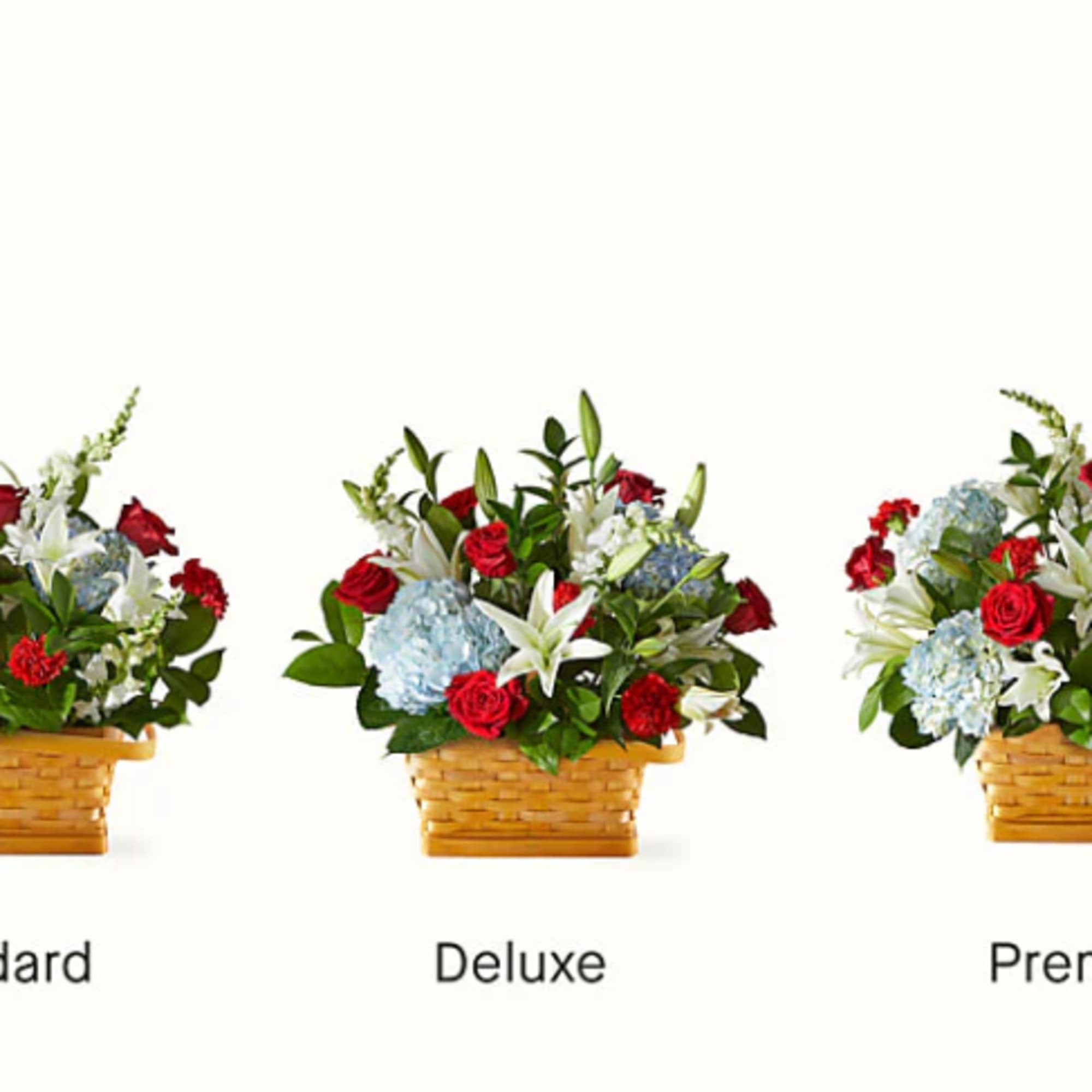 This arrangement a patriotic display of blue, red and white florals. Whether, photo 2 of 2