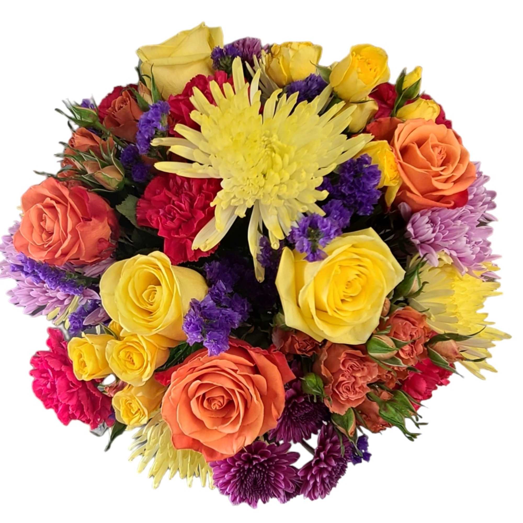 Mixed bouquet of yellow, orange, pink, and purple flowers