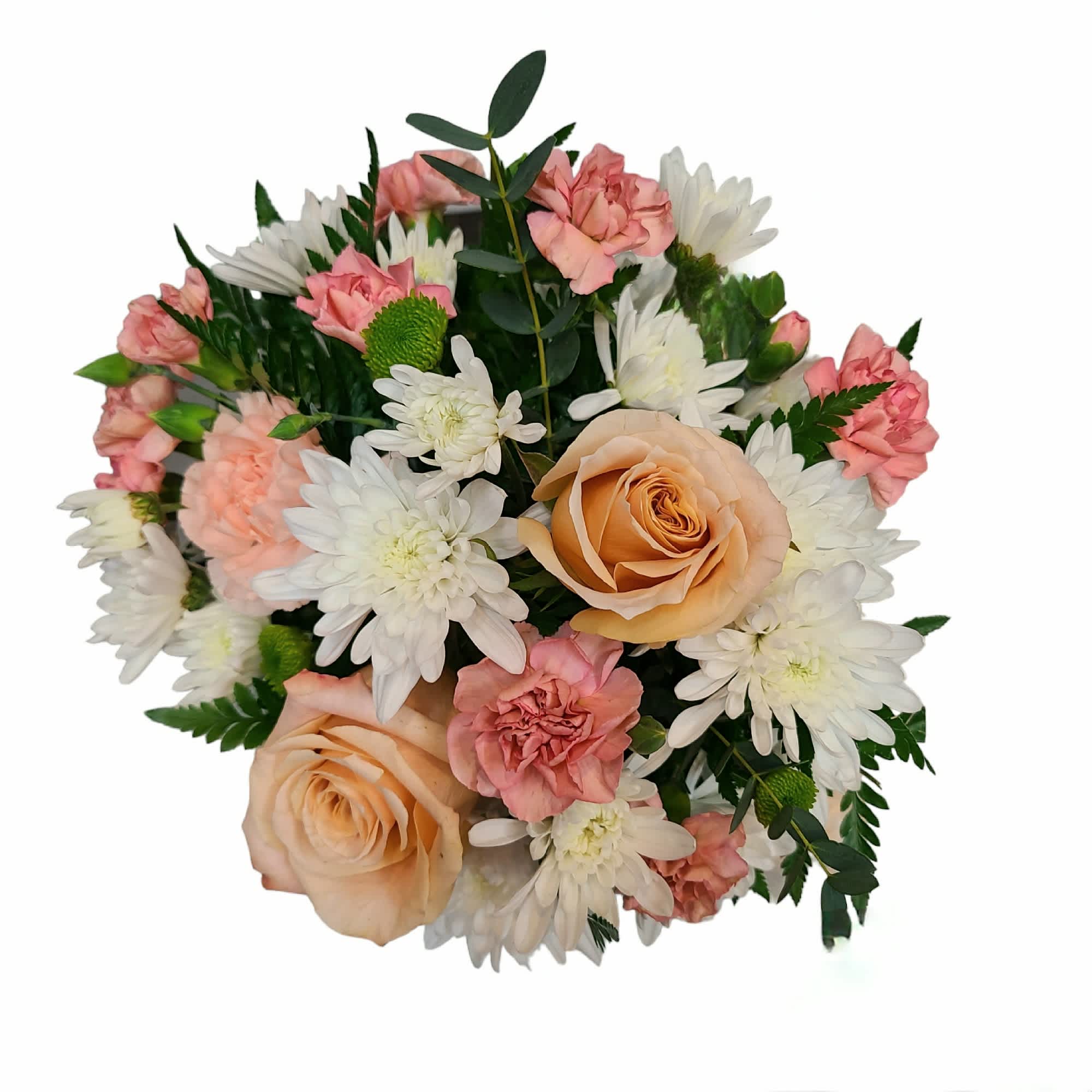 Bouquet of peach roses, pink carnations, and white daisies