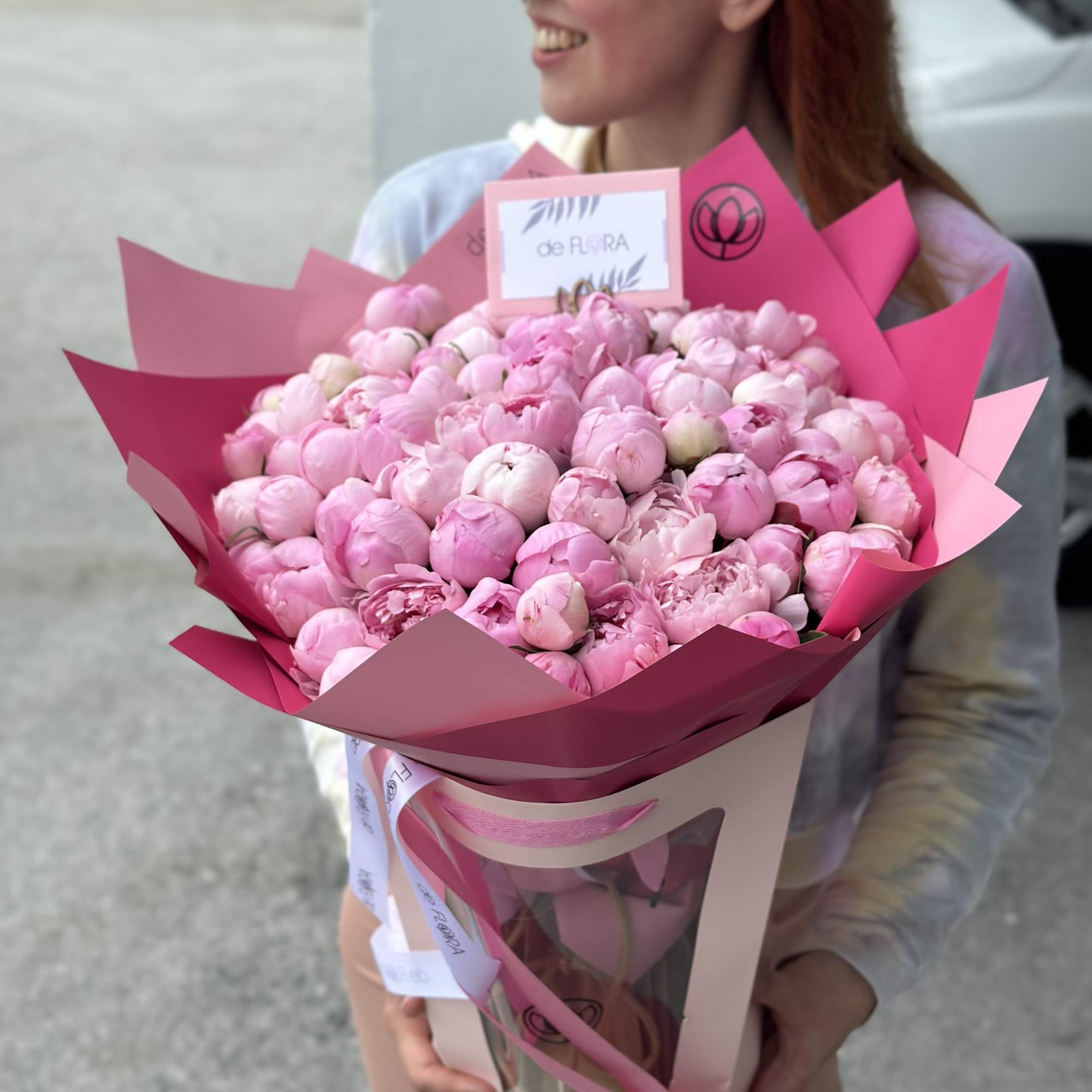 Large bouquet of pink peonies wrapped in pink paper, photo 5 of 5