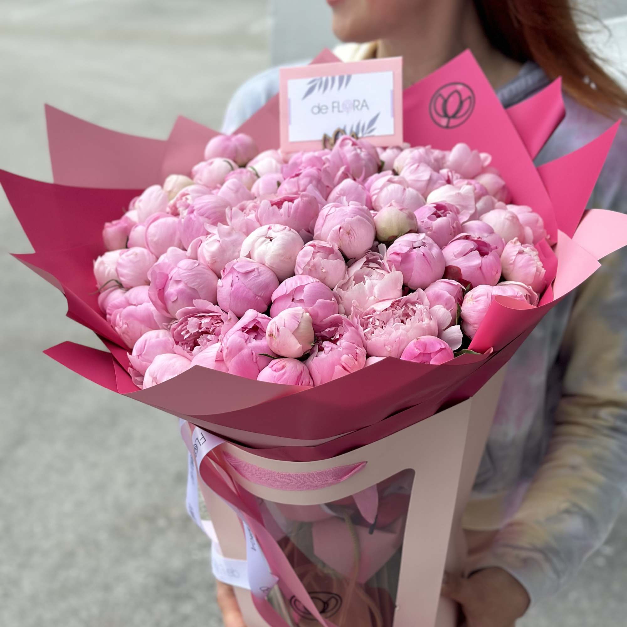 Large bouquet of pink peonies wrapped in pink paper, photo 3 of 5