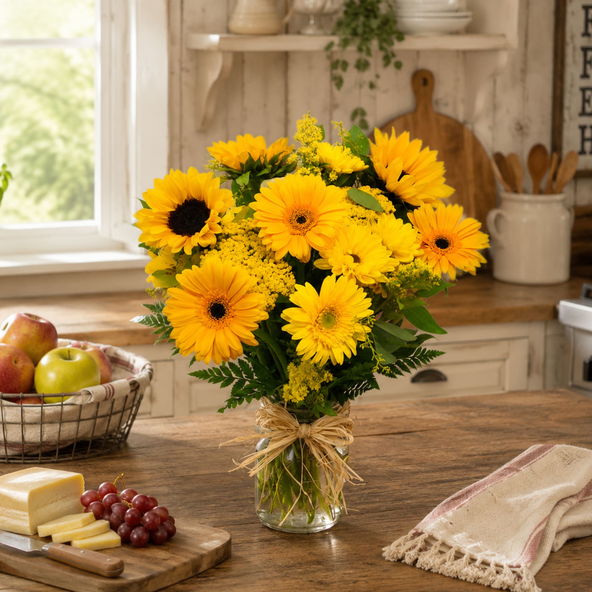 Brighten someone&rsquo;s day with Sunshine, our cheerful yellow flower arrangement filled with