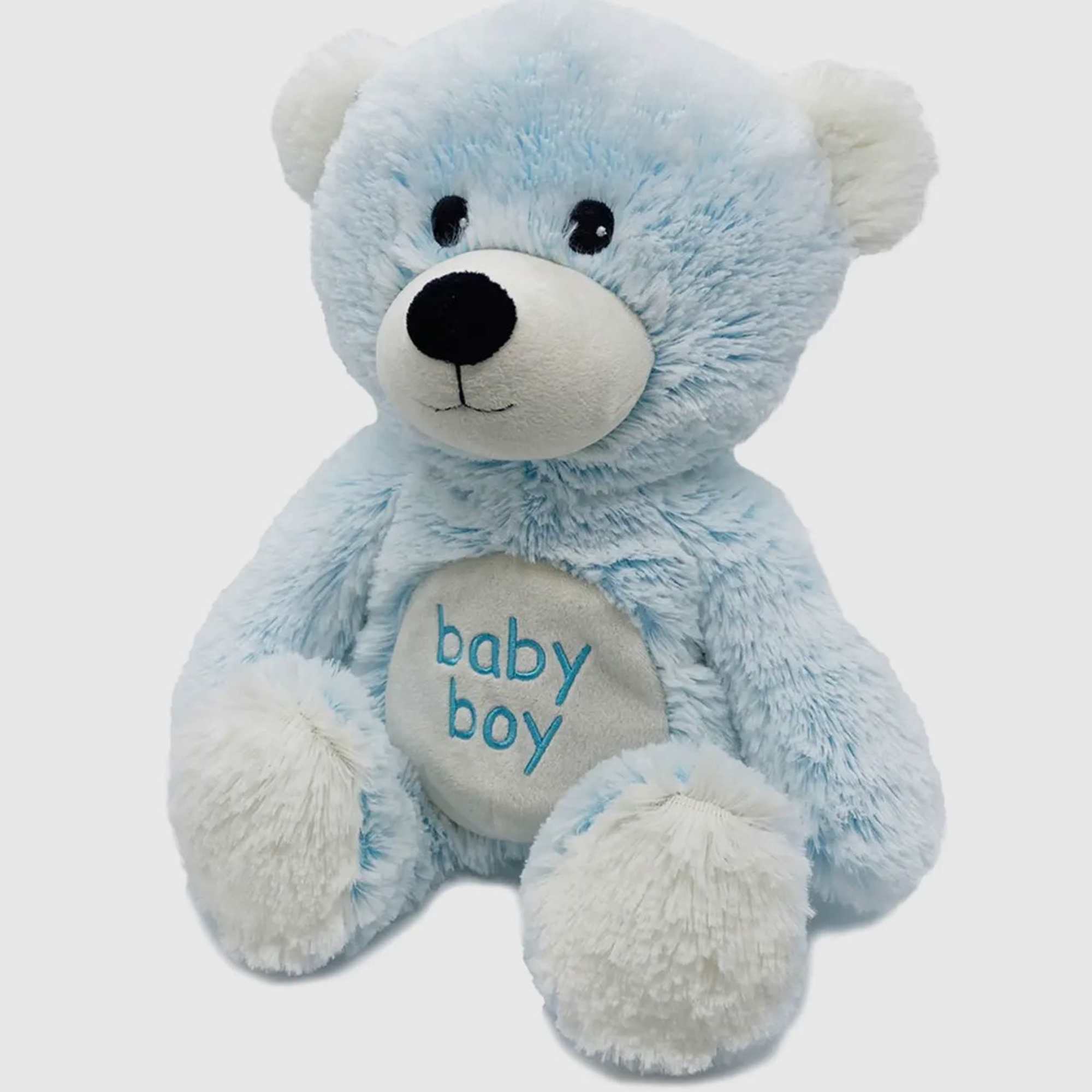 Light blue teddy bear plush with "baby boy" on its belly