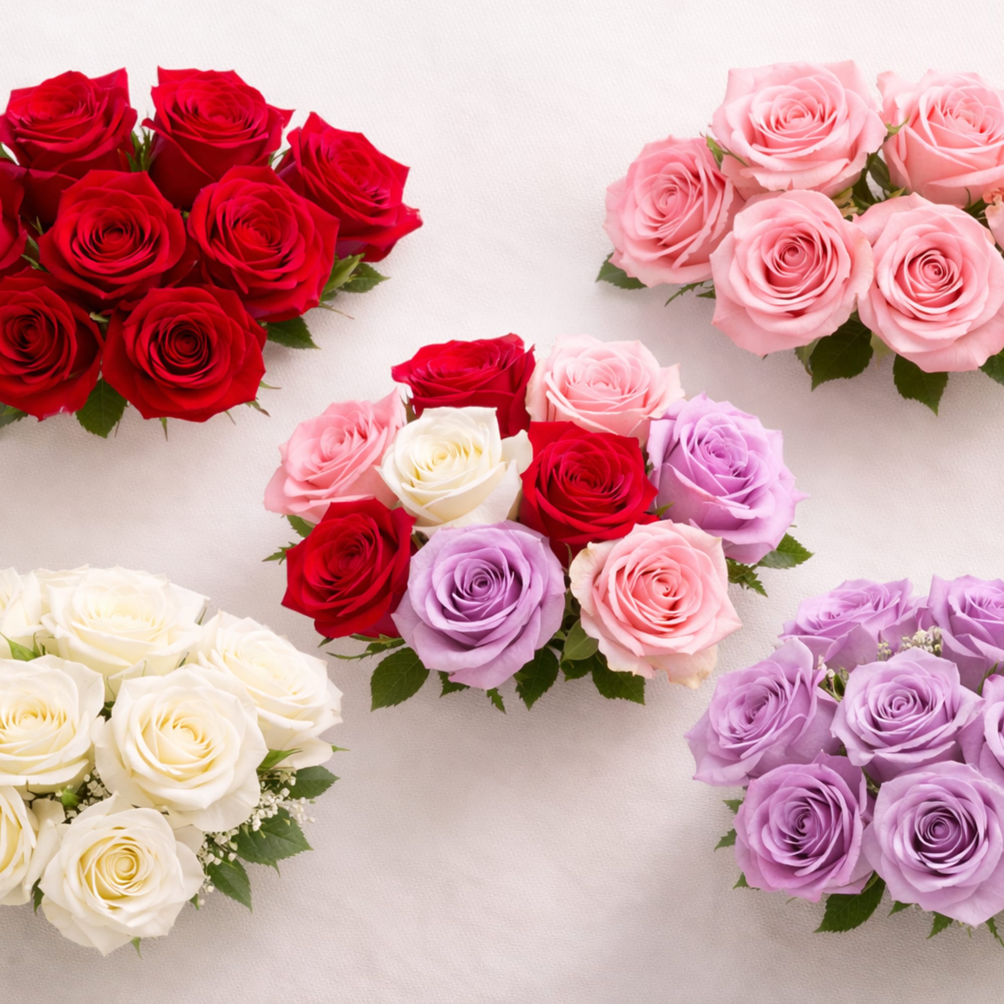 Five rose bouquets in red, pink, white, and lavender