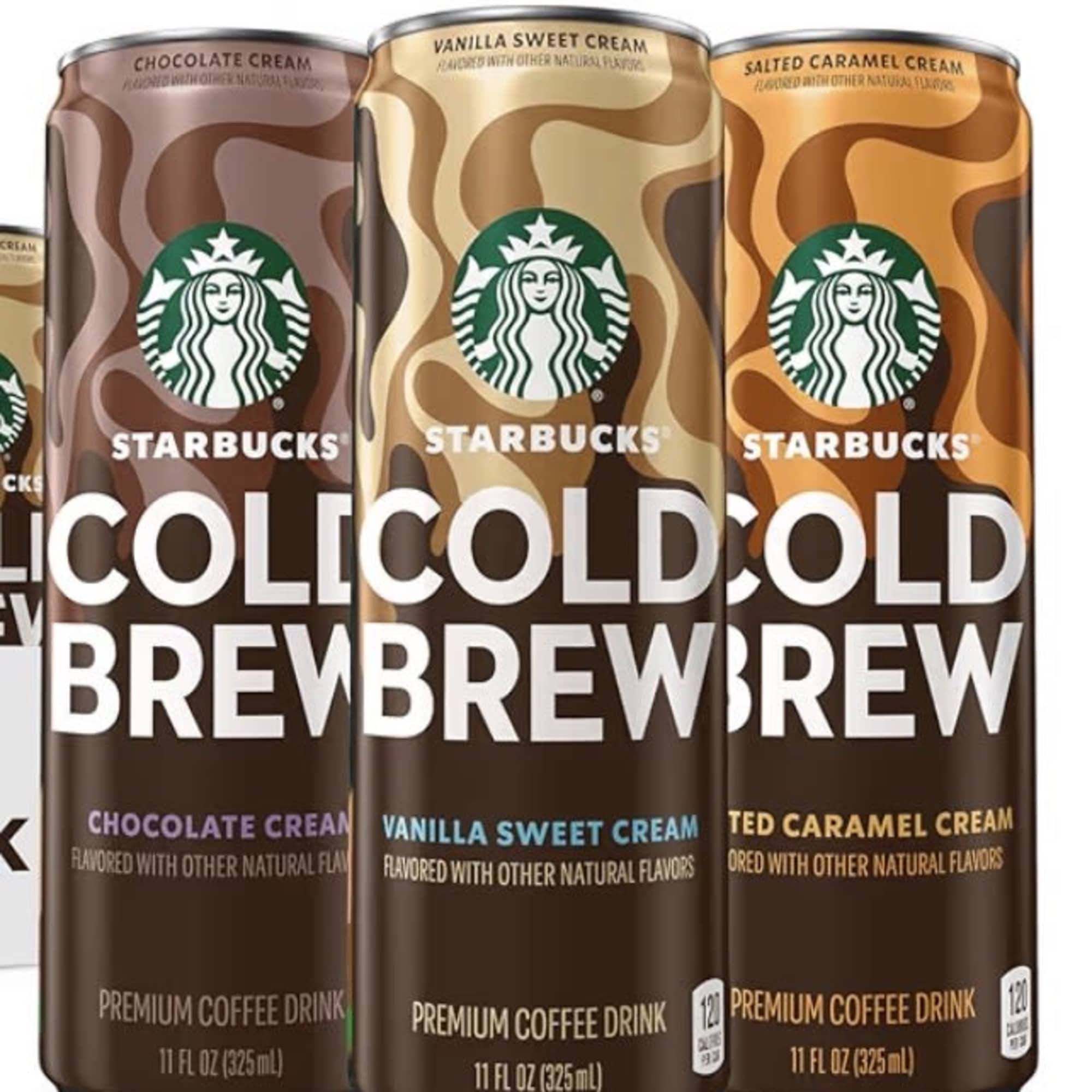 Three Starbucks cold brew coffee cans in chocolate, vanilla, and salted caramel flavors