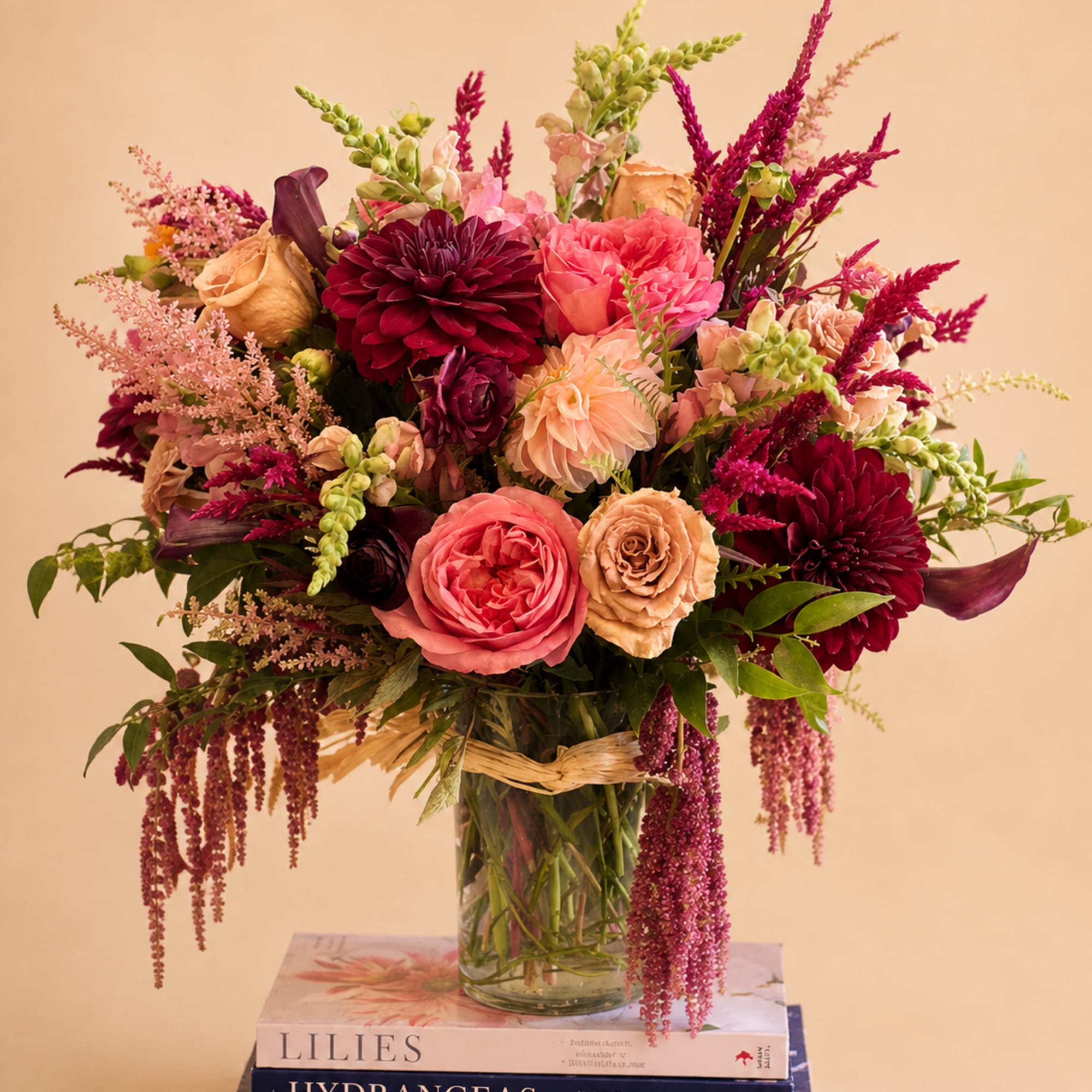 Flowers: pink xpression garden roses, burgundy dahlias, burgundy ranunculus, orange cream dahlias