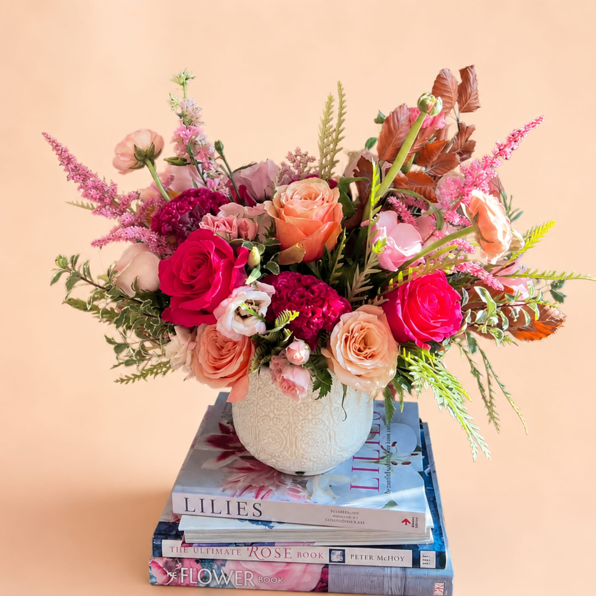 Flowers: cherry-o roses, coral garden roses, shimmer peach roses, frutetto roses, pink