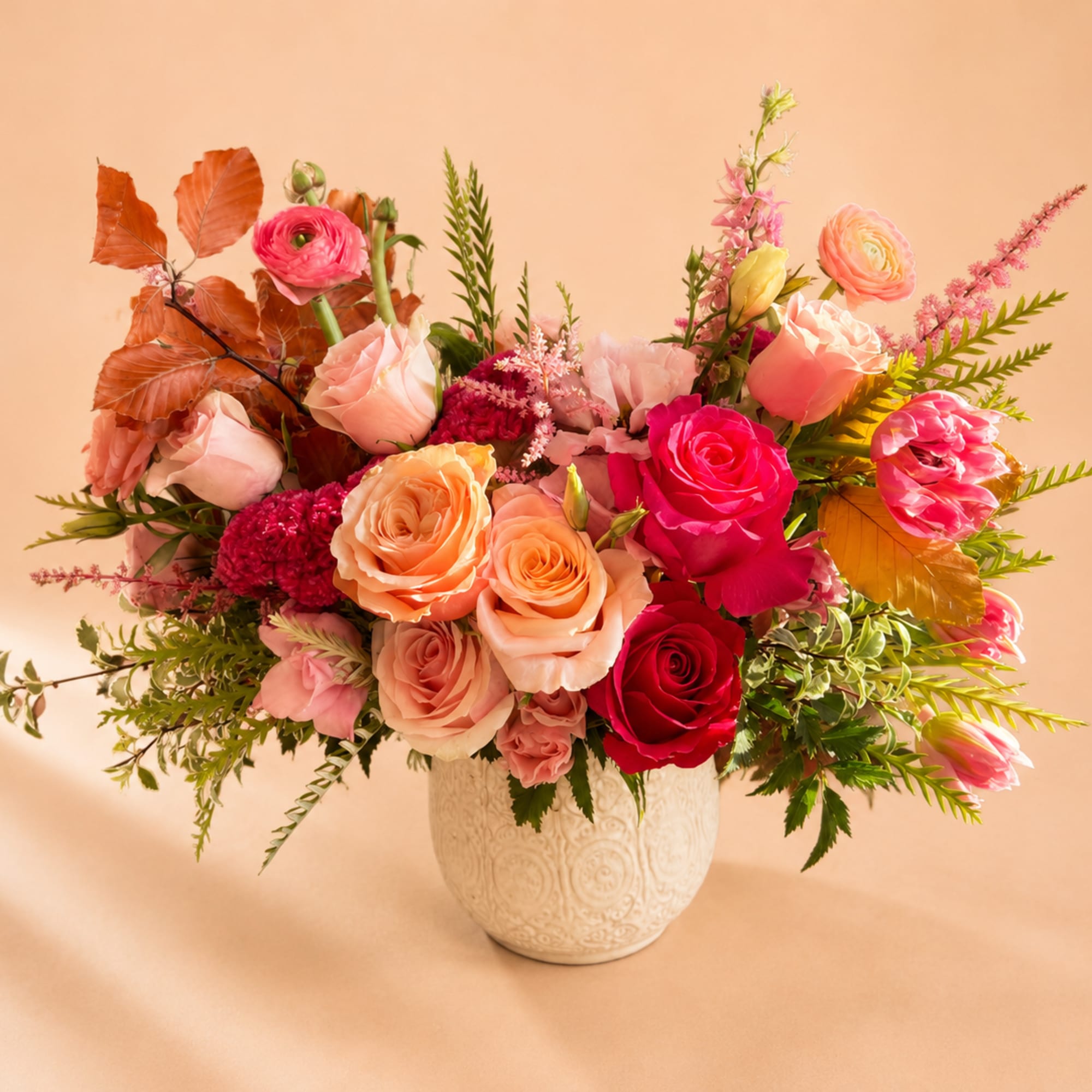 Flowers: cherry-o roses, coral garden roses, shimmer peach roses, frutetto roses, pink