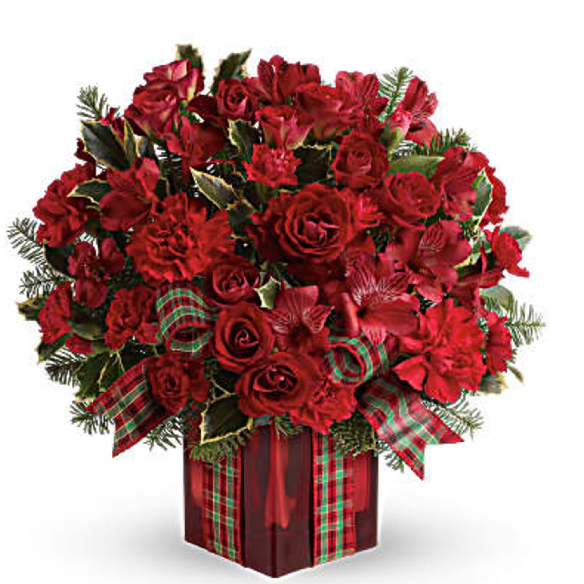 Red rose arrangement in a red gift box with plaid ribbon