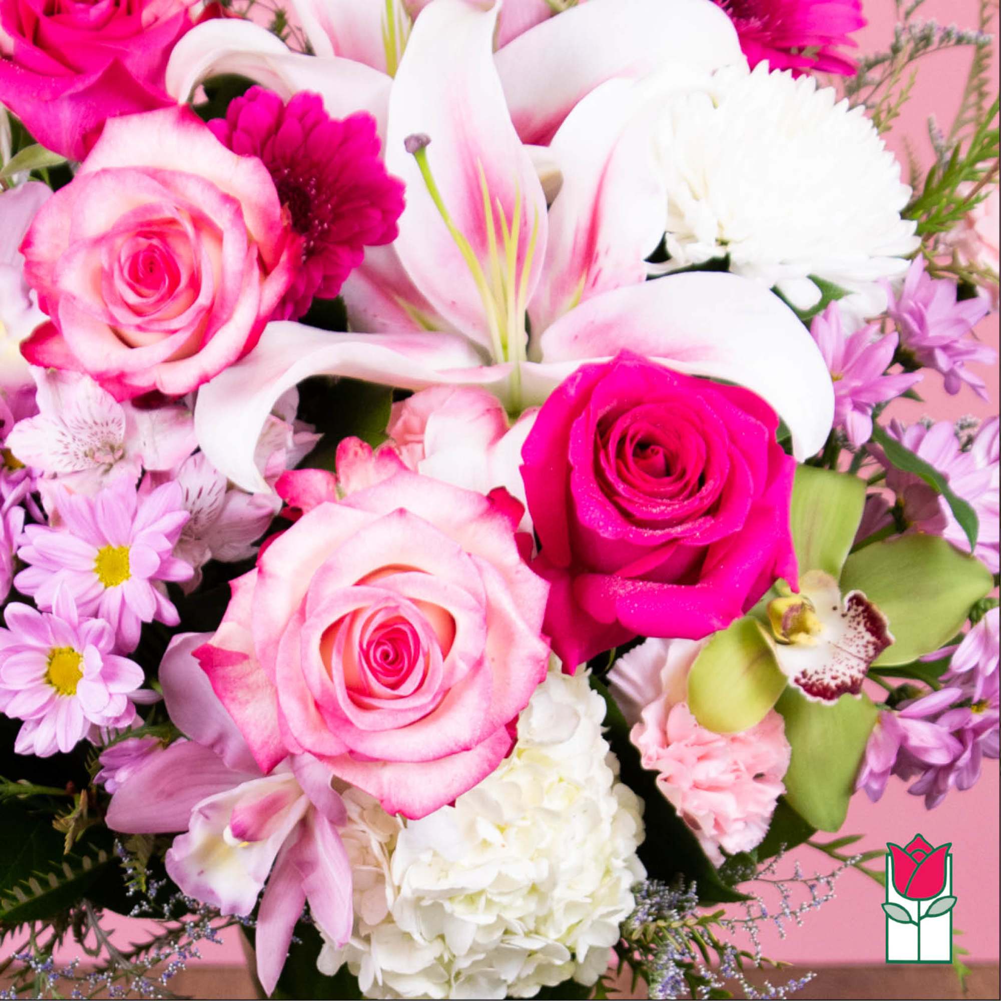 Pink and white bouquet with roses, lilies, and daisies