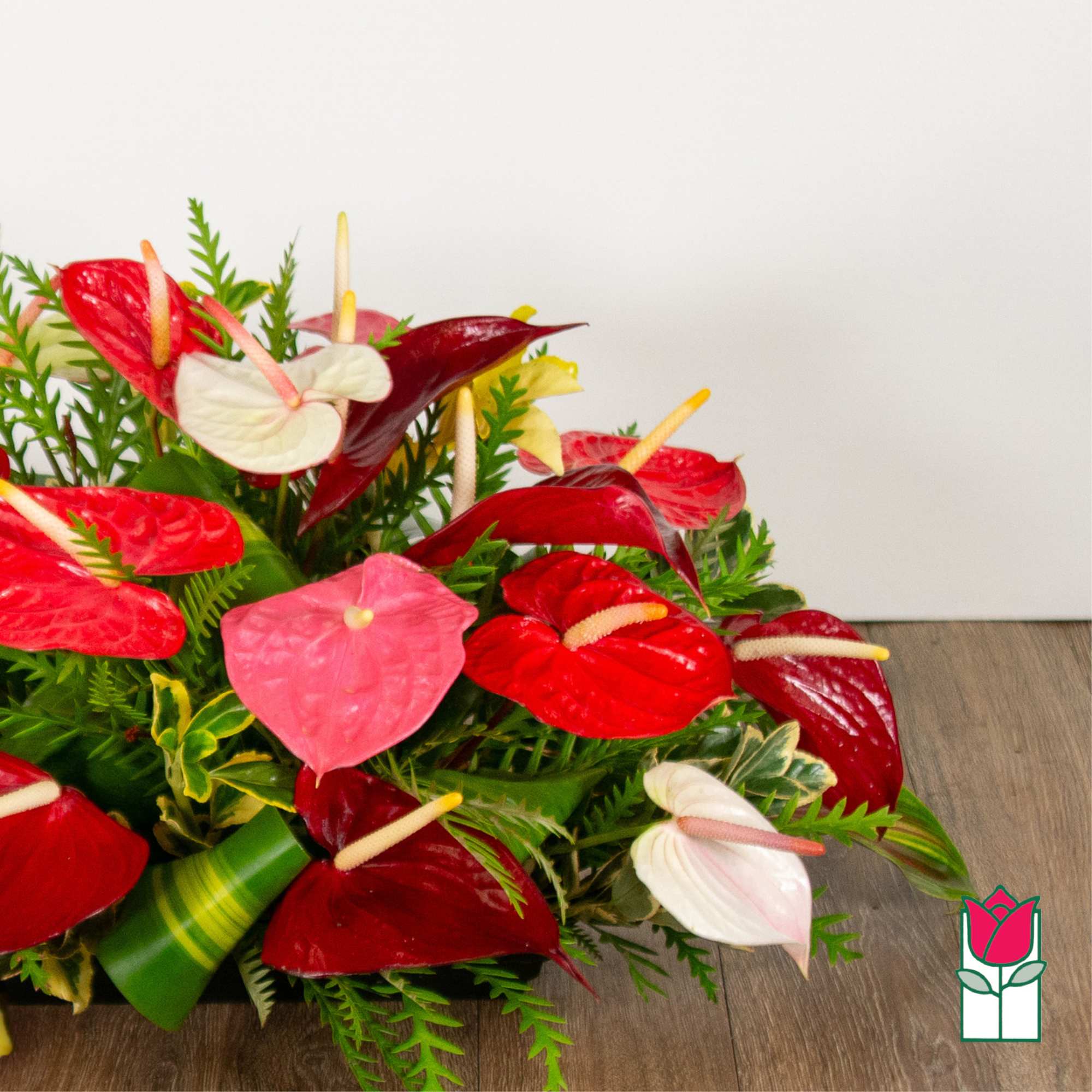 Arrangement of red, pink, and white anthuriums with greenery