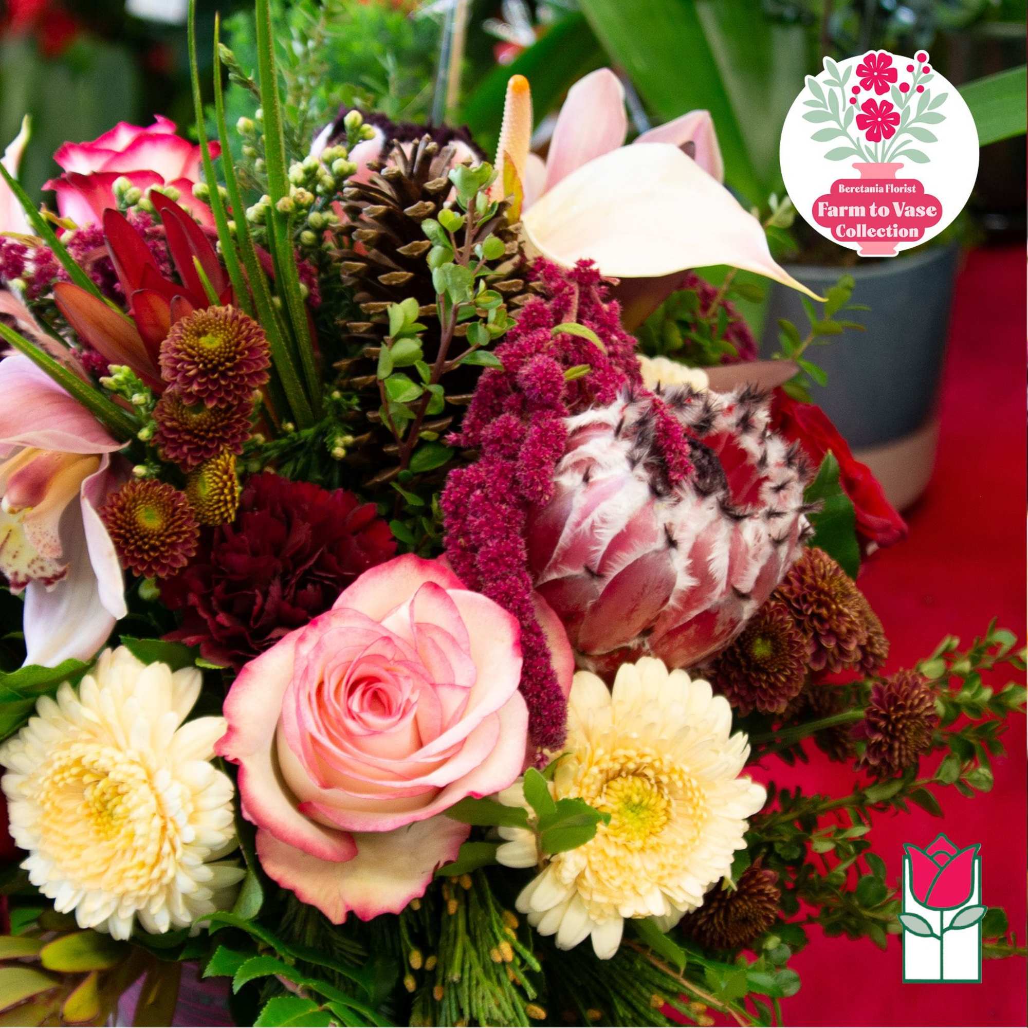 Mixed bouquet with pink roses, white calla lilies, and cream daisies