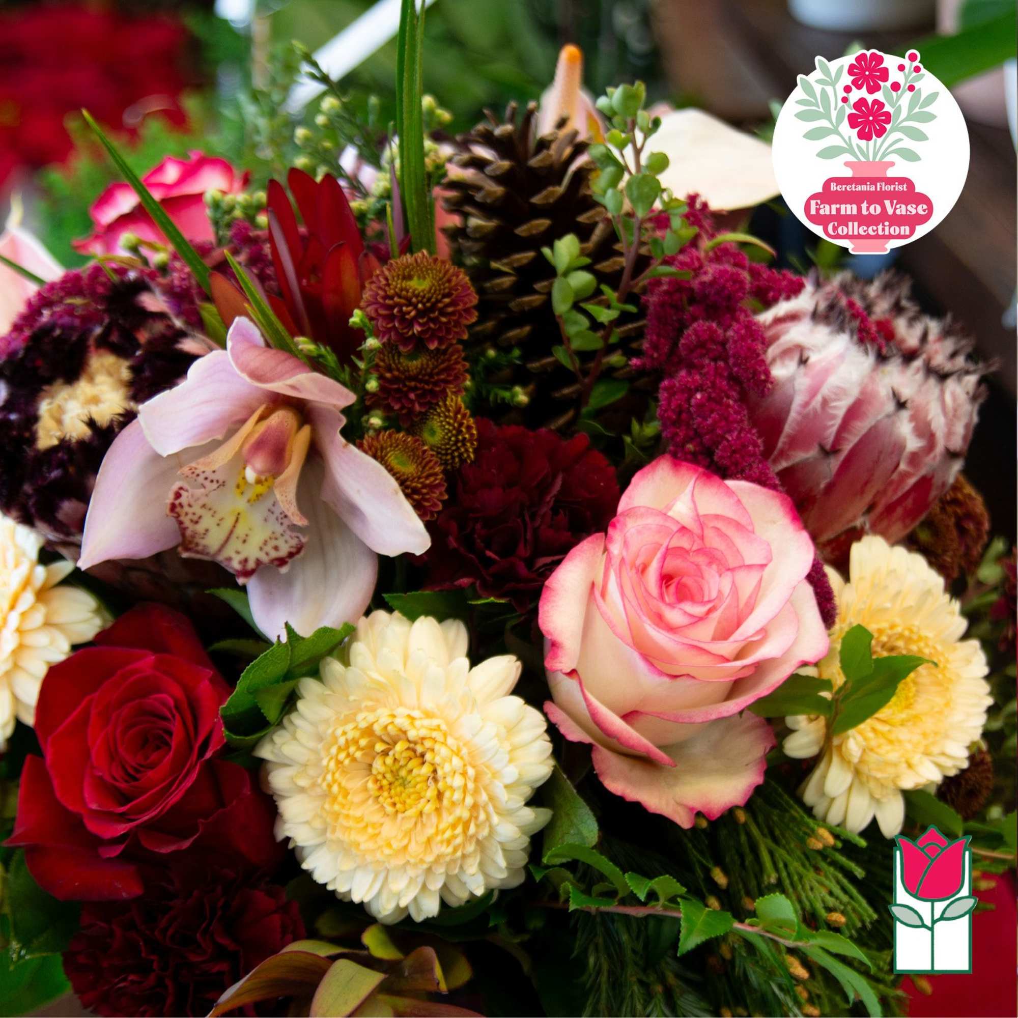 Mixed bouquet with pink and red roses, white blooms, and a pinecone accent