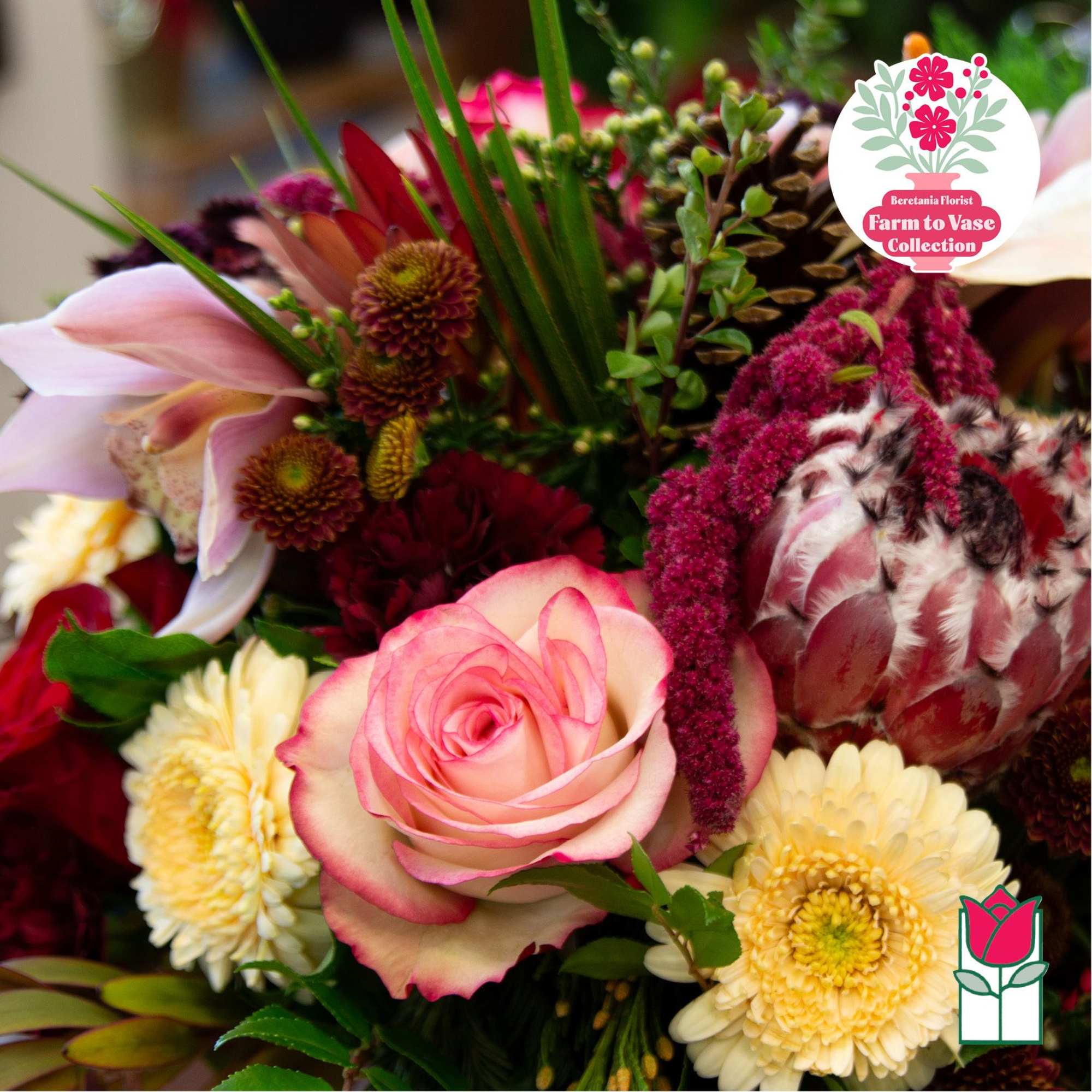 Mixed bouquet with a pink rose, pale lilies, and cream daisies