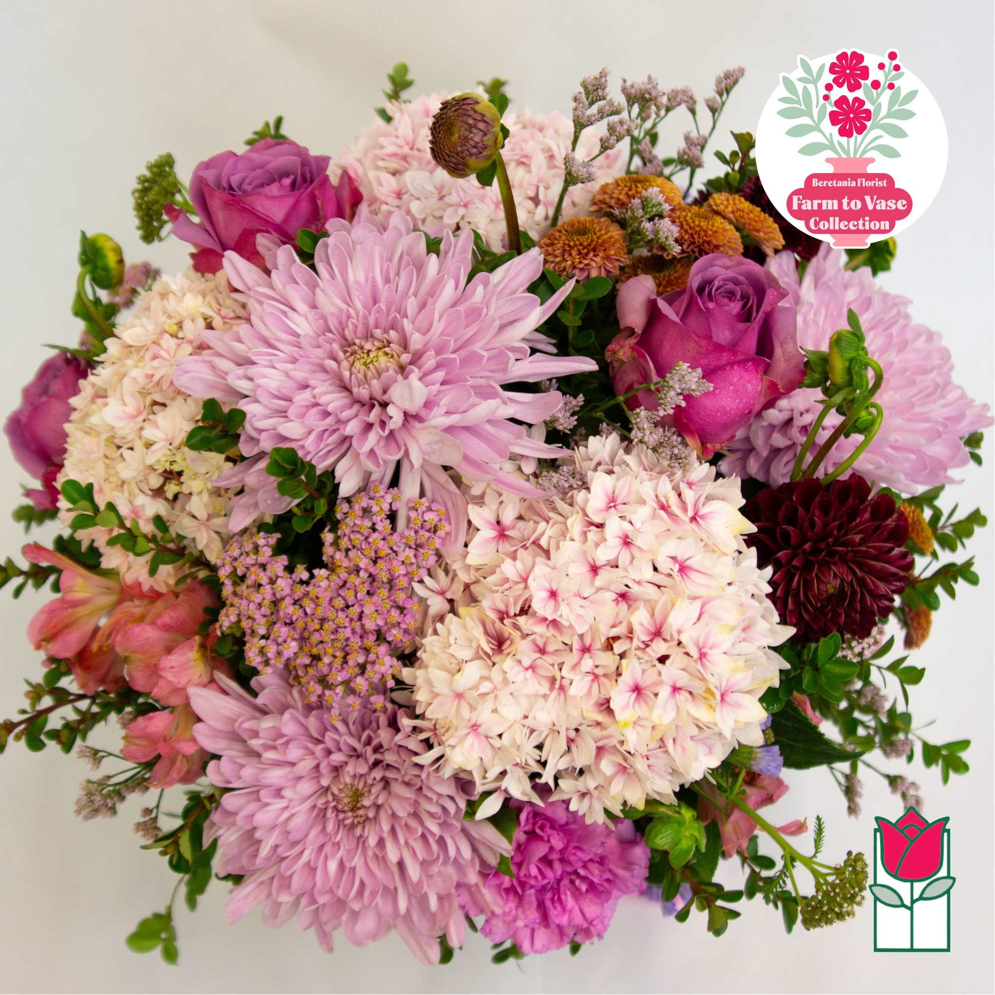 Pink and lavender mixed bouquet with roses and chrysanthemums