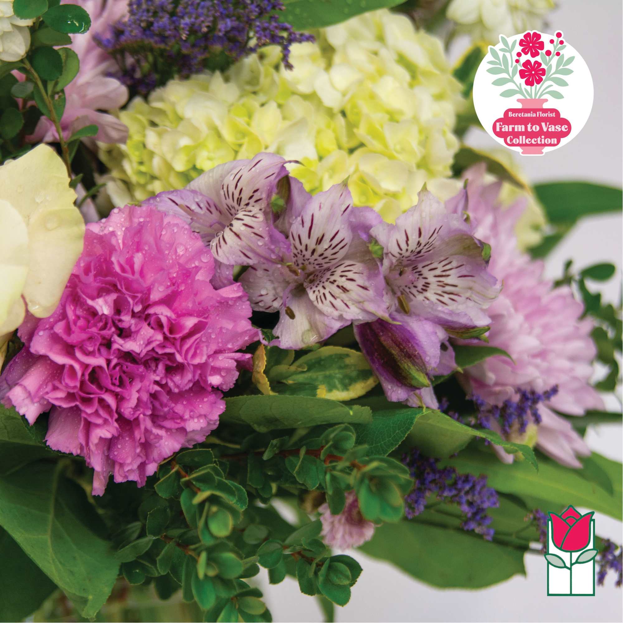 Bouquet of pink carnations and purple alstroemeria with pale yellow hydrangea
