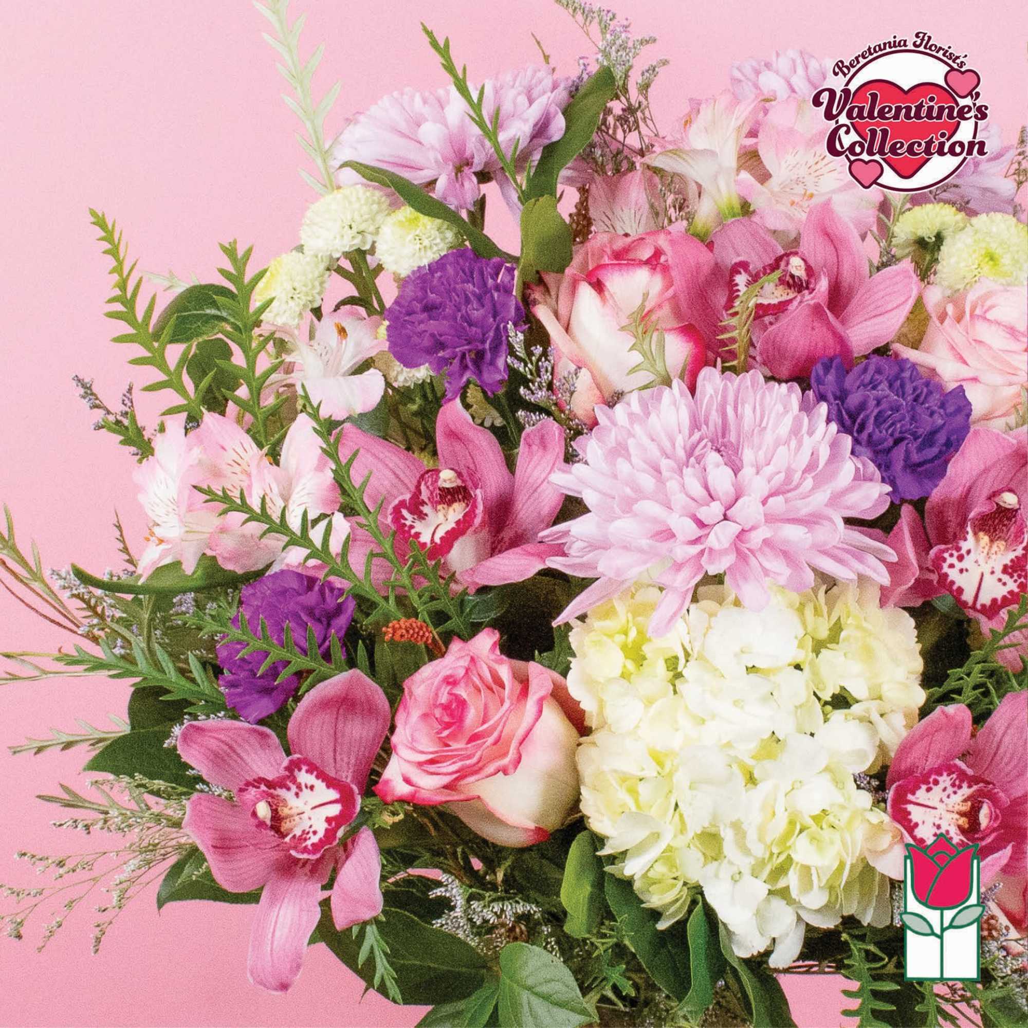Pink and purple mixed bouquet with roses, orchids, and chrysanthemums