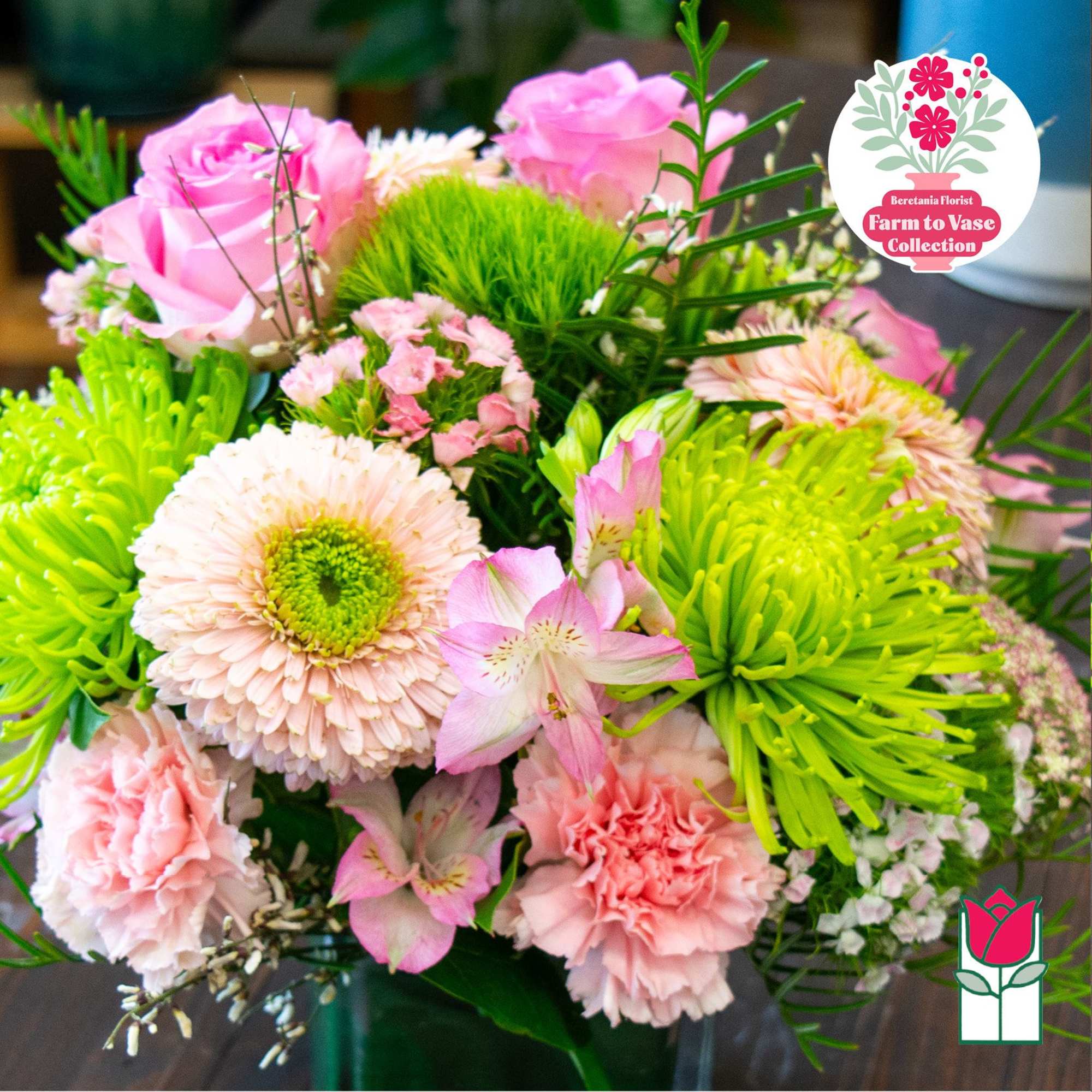 Pink and green mixed bouquet with gerbera daisies, carnations, and alstroemeria