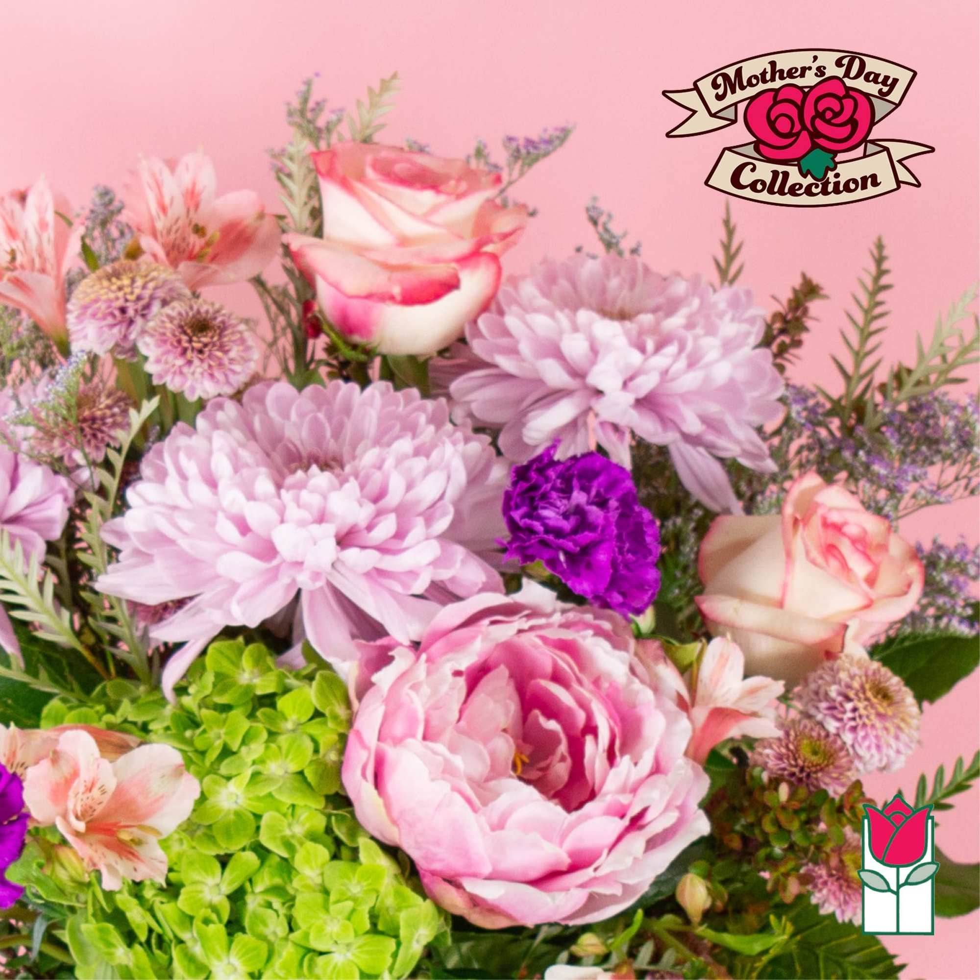 Pink and lavender bouquet with roses, peonies, and chrysanthemums